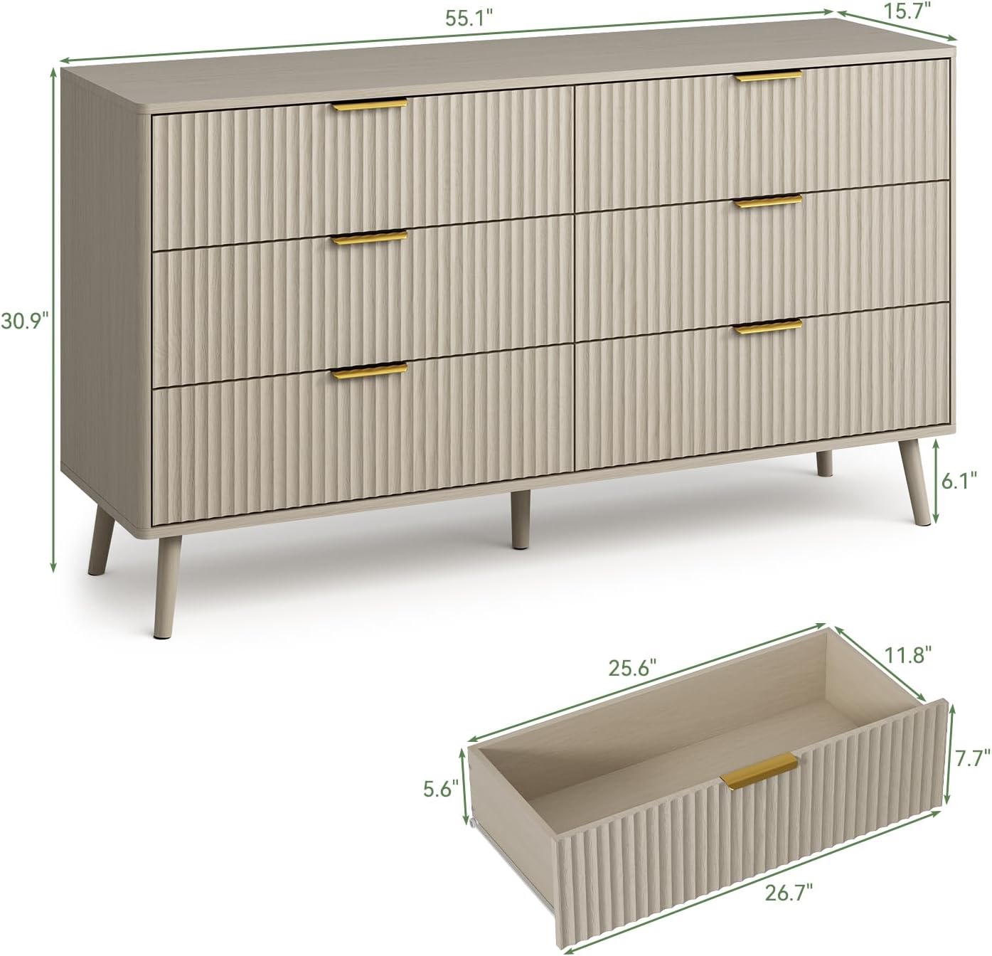 LYNSOM 55 Wide Fluted Dresser for Bedroom with 6 Drawer, Modern Chest of Drawers with Curved Profile Design and Metal Handles, Wood Dresser TV Stand & Storage Organizer for Living Room, Beige