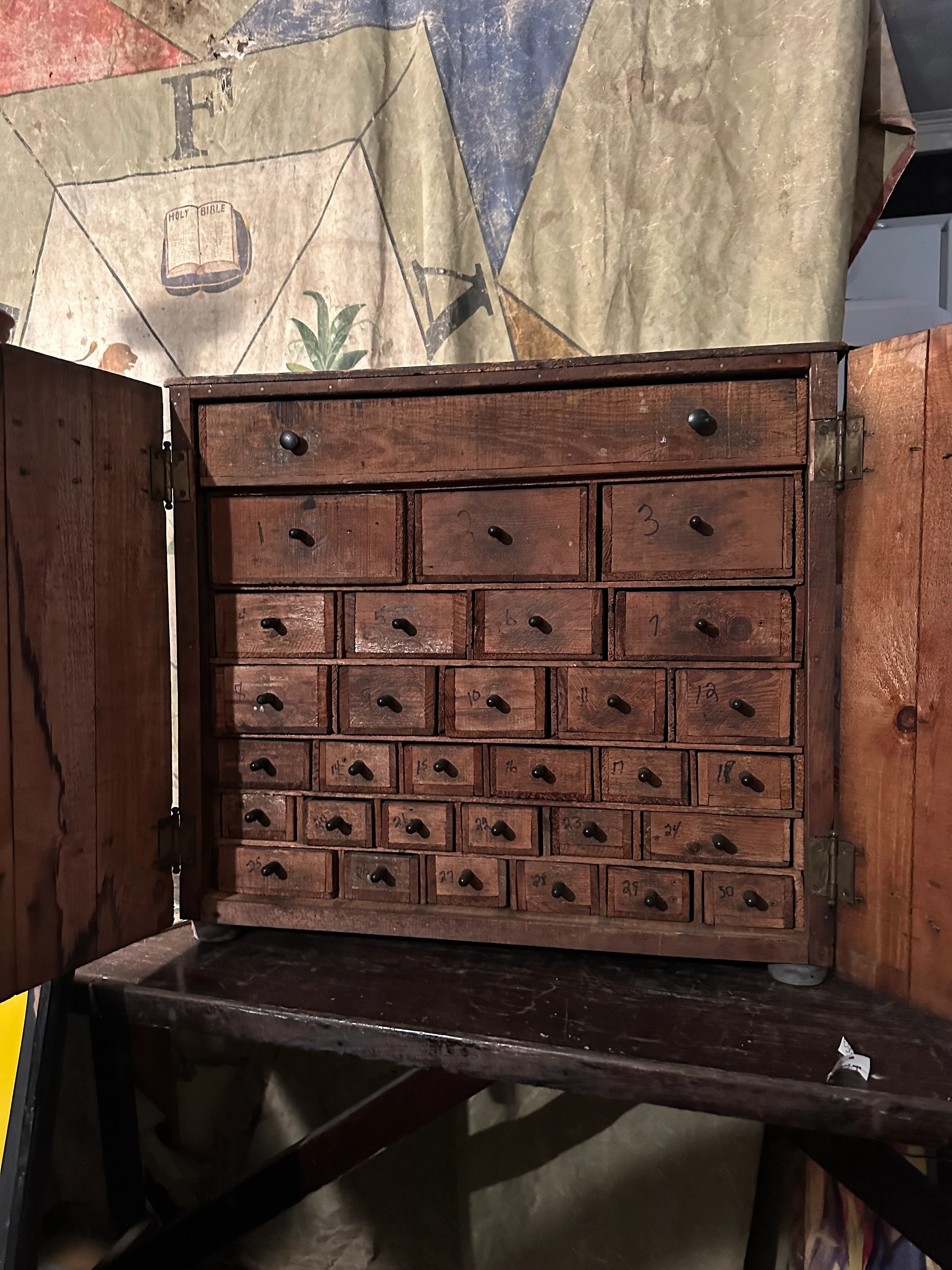 1940s Handmade Workshop Hardware Cabinet | Multi-Drawer Industrial Folk Art Storage | Vintage Wood Parts Cabinet