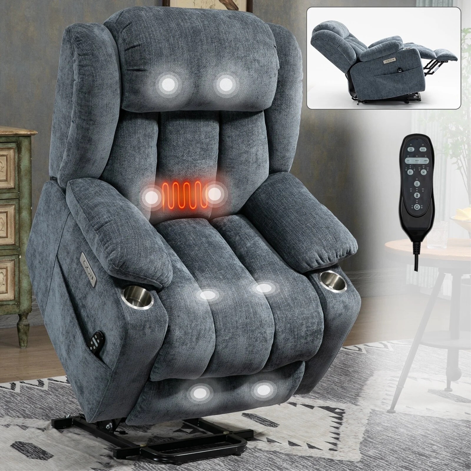 Grey Power Lift Recliner with Massage, Heat & Cup Holders