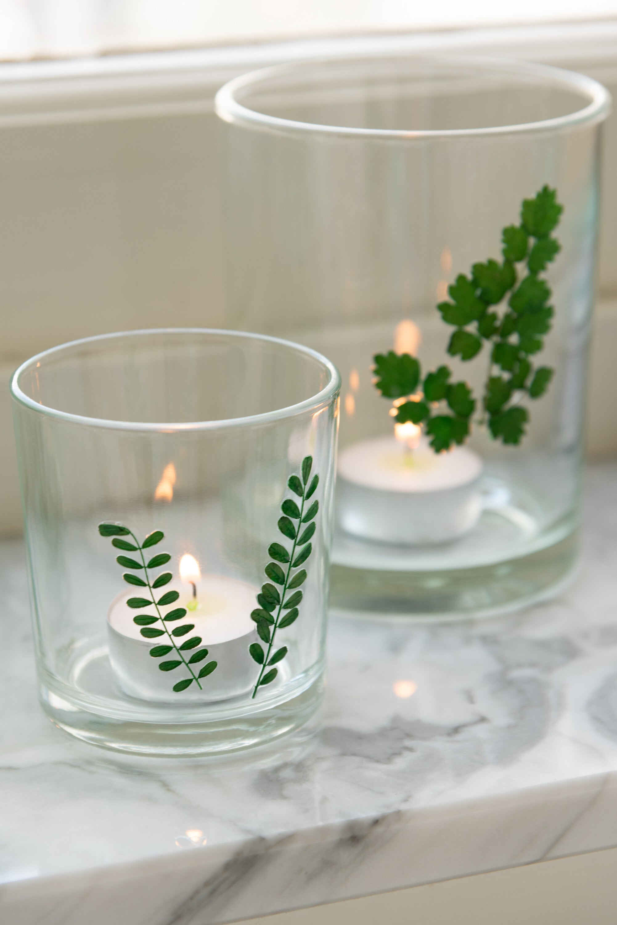 J-Line windlicht Bladeren - glas - groen/transparant - small - 2 stuks