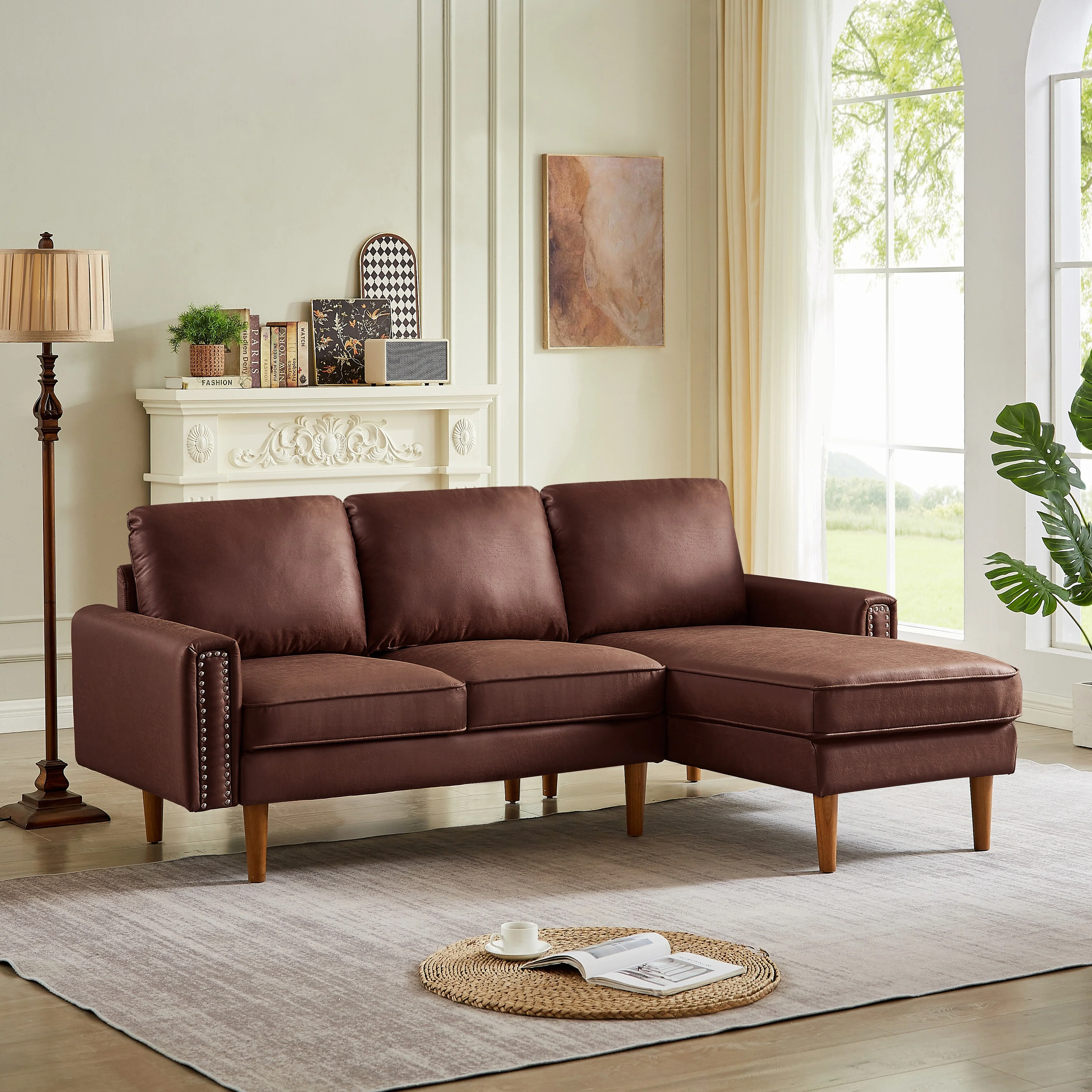 Brown 82.2'' Suede L-Shaped Sofa: Right Chaise, Solid Wood Frame, and Copper Nailhead Accents