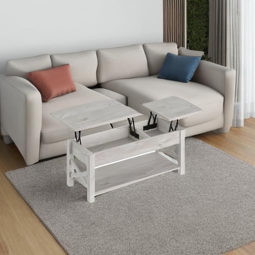 Rolanstar 47.2 Lift Top Coffee Table with Hidden Compartment, 2 Way Lift Top Coffee Table with Open Shelf & X Wooded Support, Farmhouse Center Table for Living Room, Grey