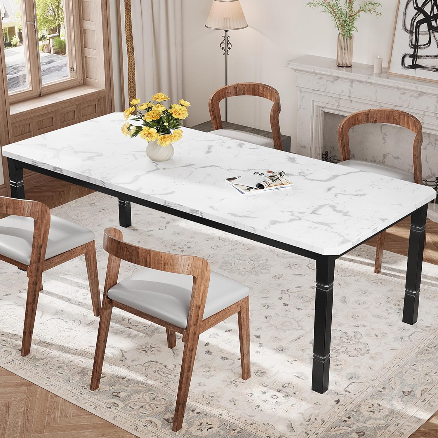 IDEALHOUSE 79 Dining Table for 6-8 People, Modern Rectangular Kitchen Table with Sturdy Metal Legs, Large Wood Farmhouse Dining Room Table for Home Office, Conference, Black & Marble White