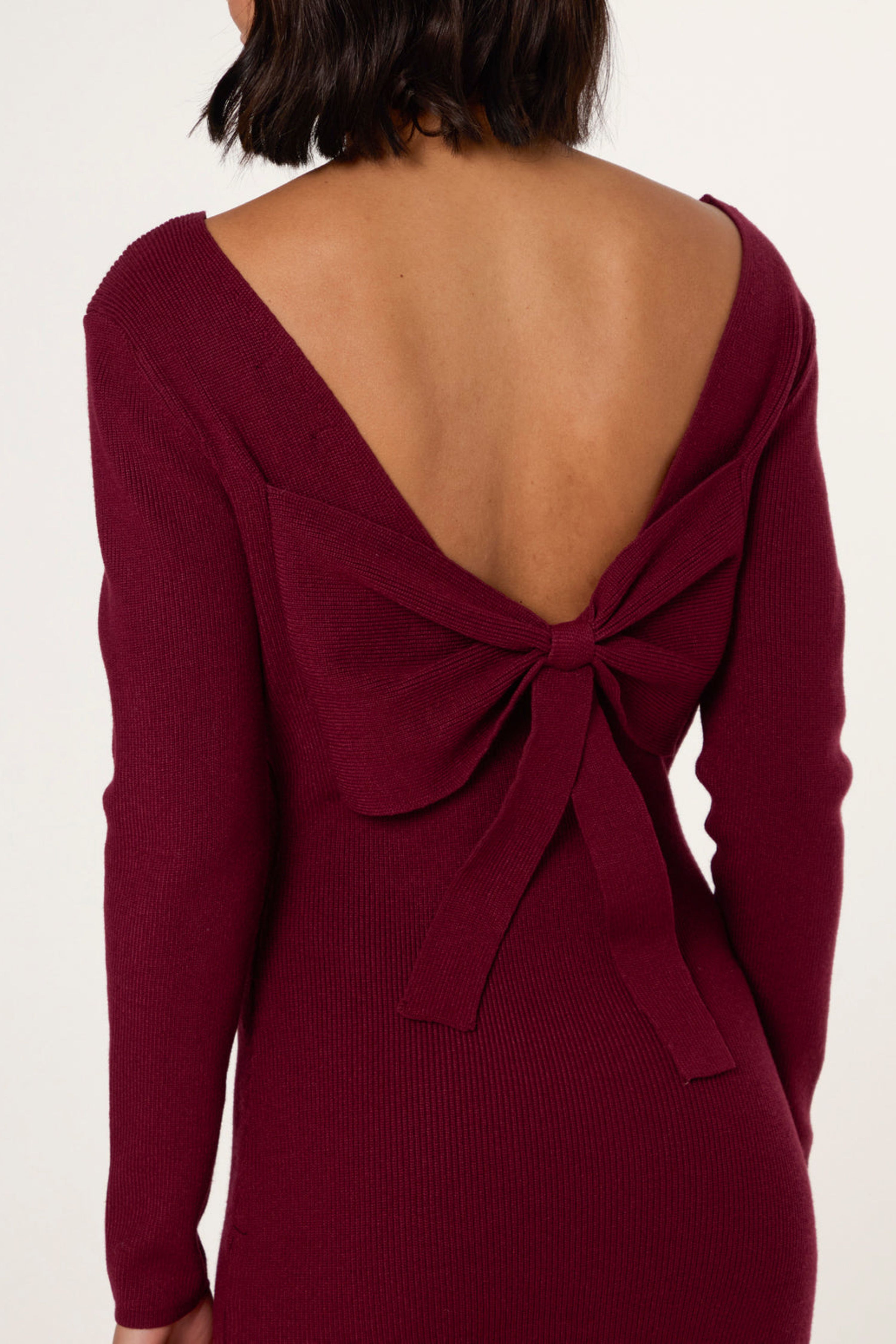 Blue Vanilla Red V Neck Bow Back Detailed Knitted Dress