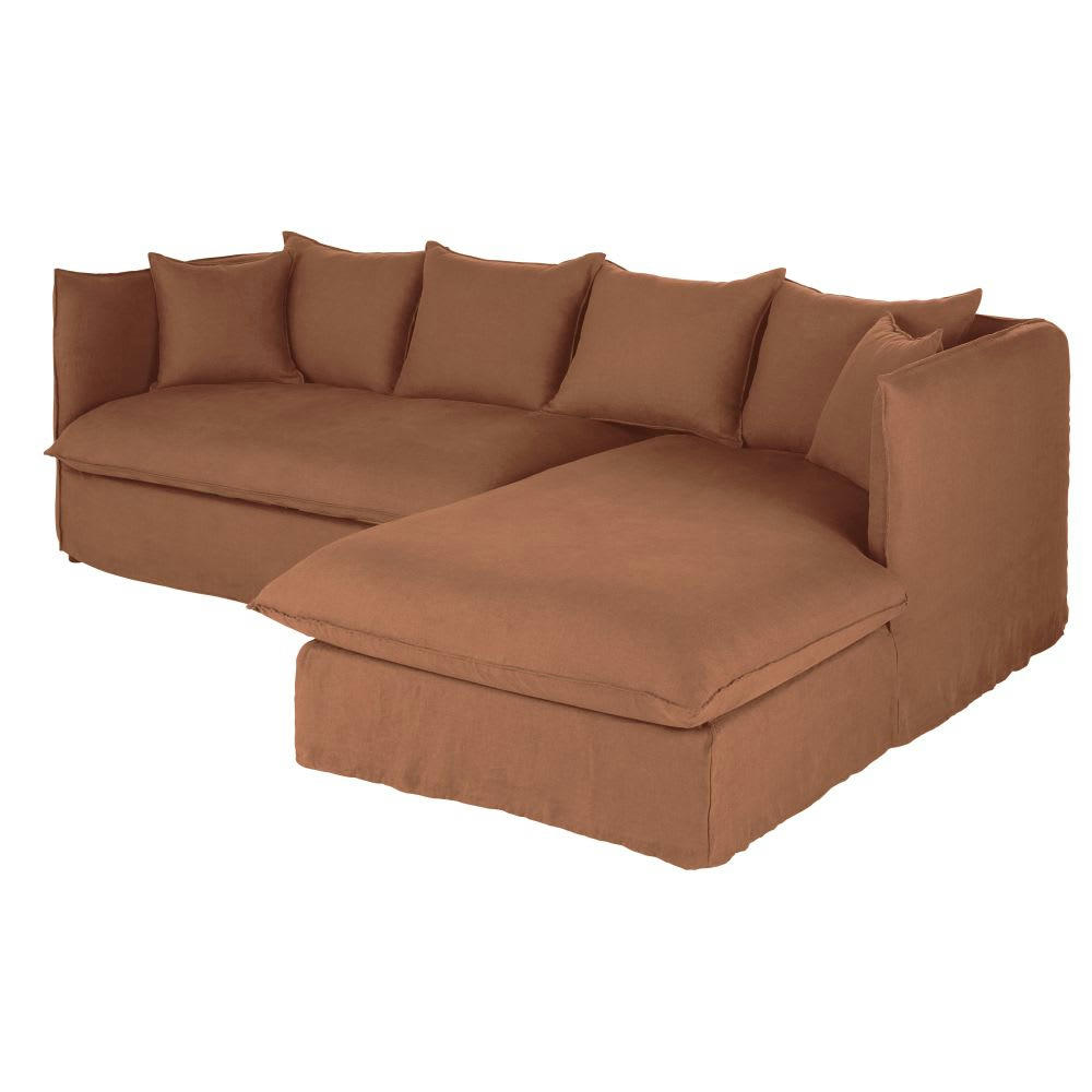 Louvain - Canapé d'angle droit 3/4 places en lin froissé orange de Sienne