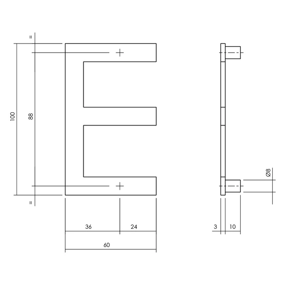Hausbuchstabe, Buchstabe E, edelstahlfarben, Stahl