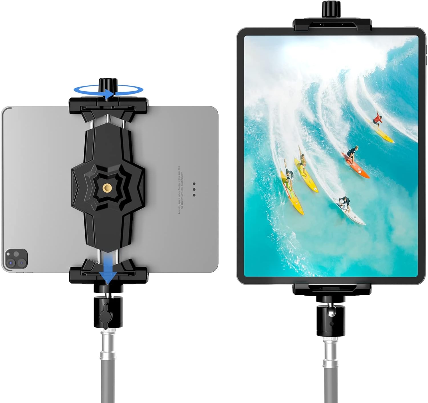 KDD iPad and Phone Tripod Mount Adapter with Ball Head, iPad Holder for Tripod, 360 Rotatable Tablet Clamp Mount fits iPad Pro 12.9, Air Mini 3 4, Galaxy Tab, Surface Pro, Selfie Stick(5.3-10.6)