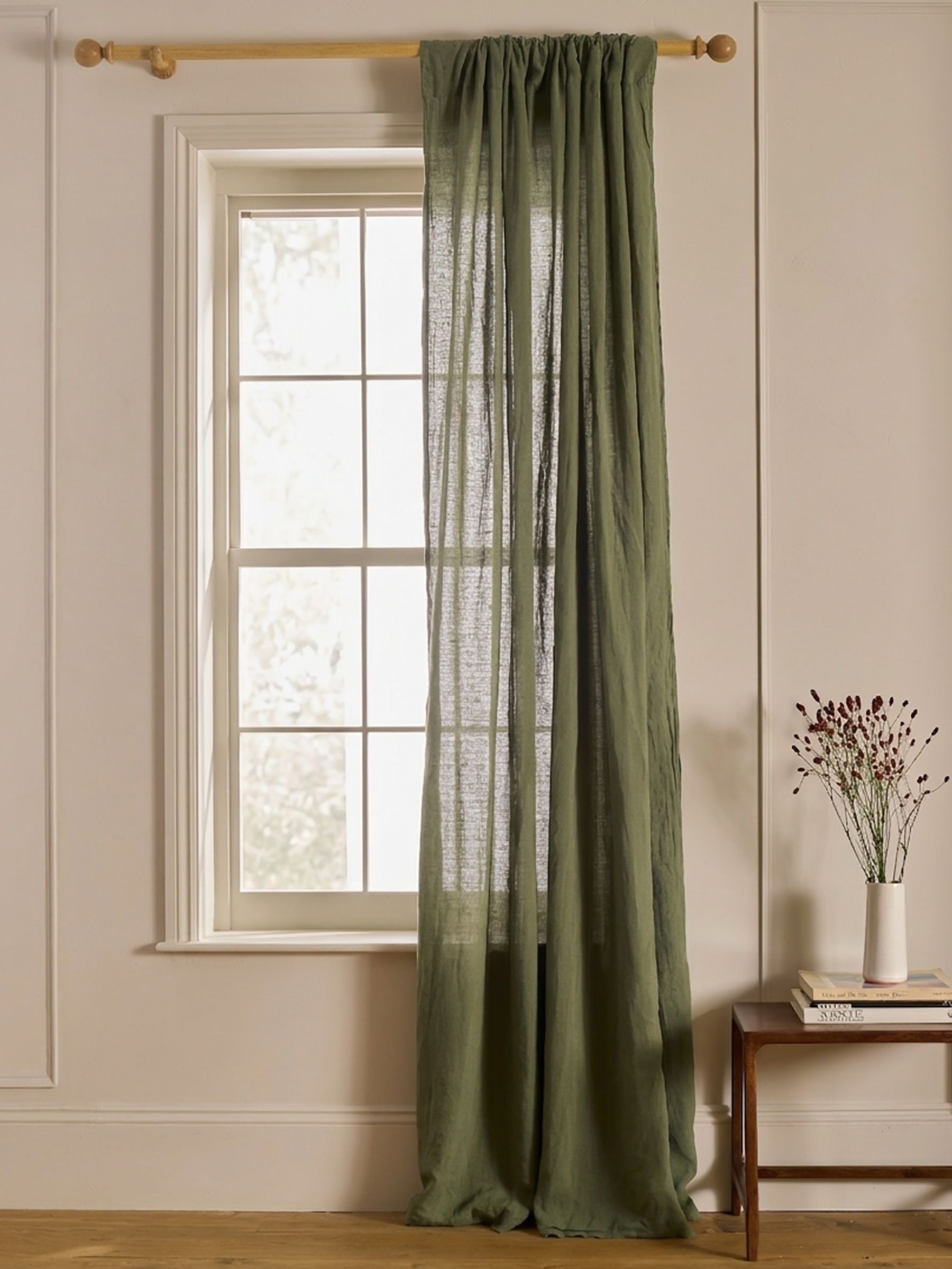 Secret Linen Store Olive Green 100% Linen Loop Top Slot Header Single Curtain