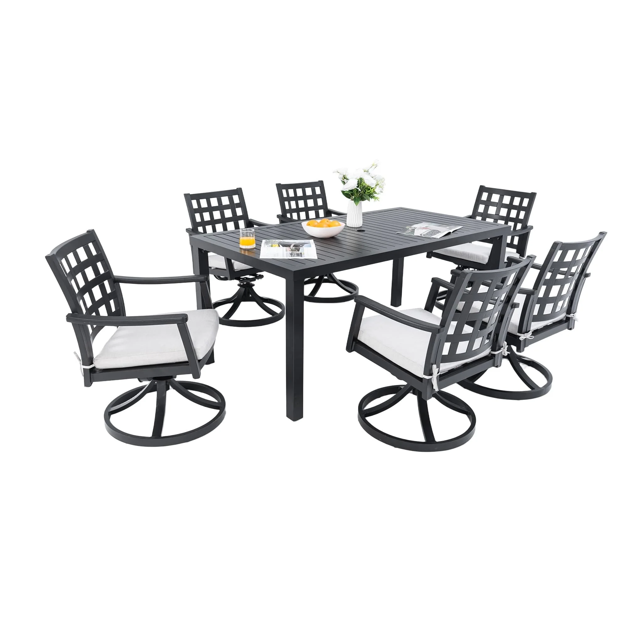 7-Piece Outdoor Aluminum Rectangular Dining Set with 6 Swivel Rocker Chairs, Sunbrella Fabric