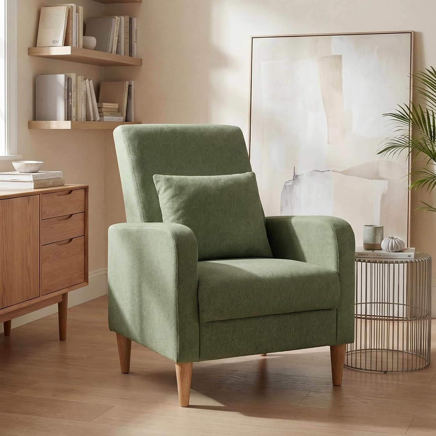 COLAMY Mid-Century Modern Upholstered Accent Chair with Back Pillow & Solid Wood Legs, Fabric Cozy Armchair for Living Room, Bedroom, Reading Nook, Apartment & Small Spaces, Green