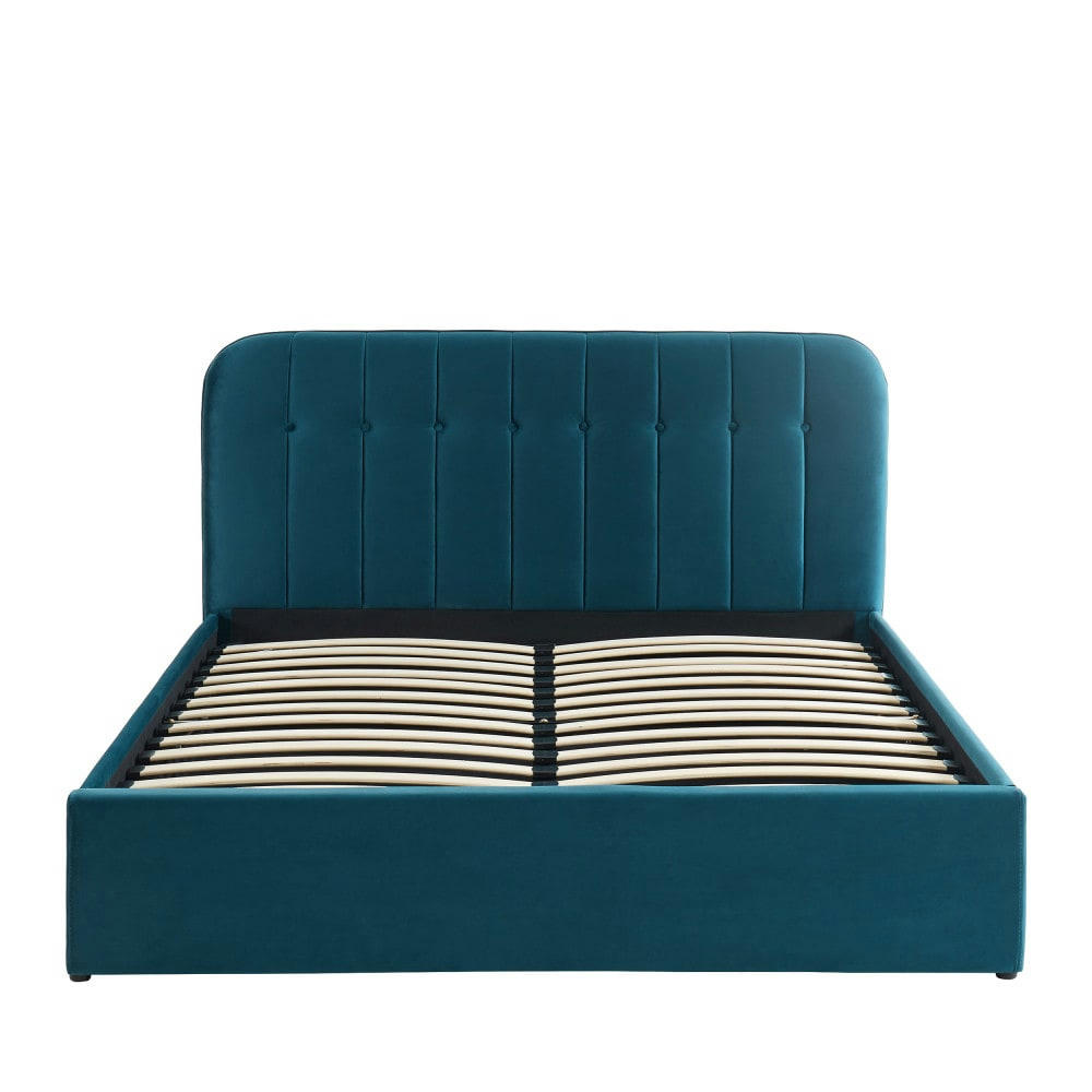 TORGO - Lit coffre matelassé en velours 160x200cm bleu paon