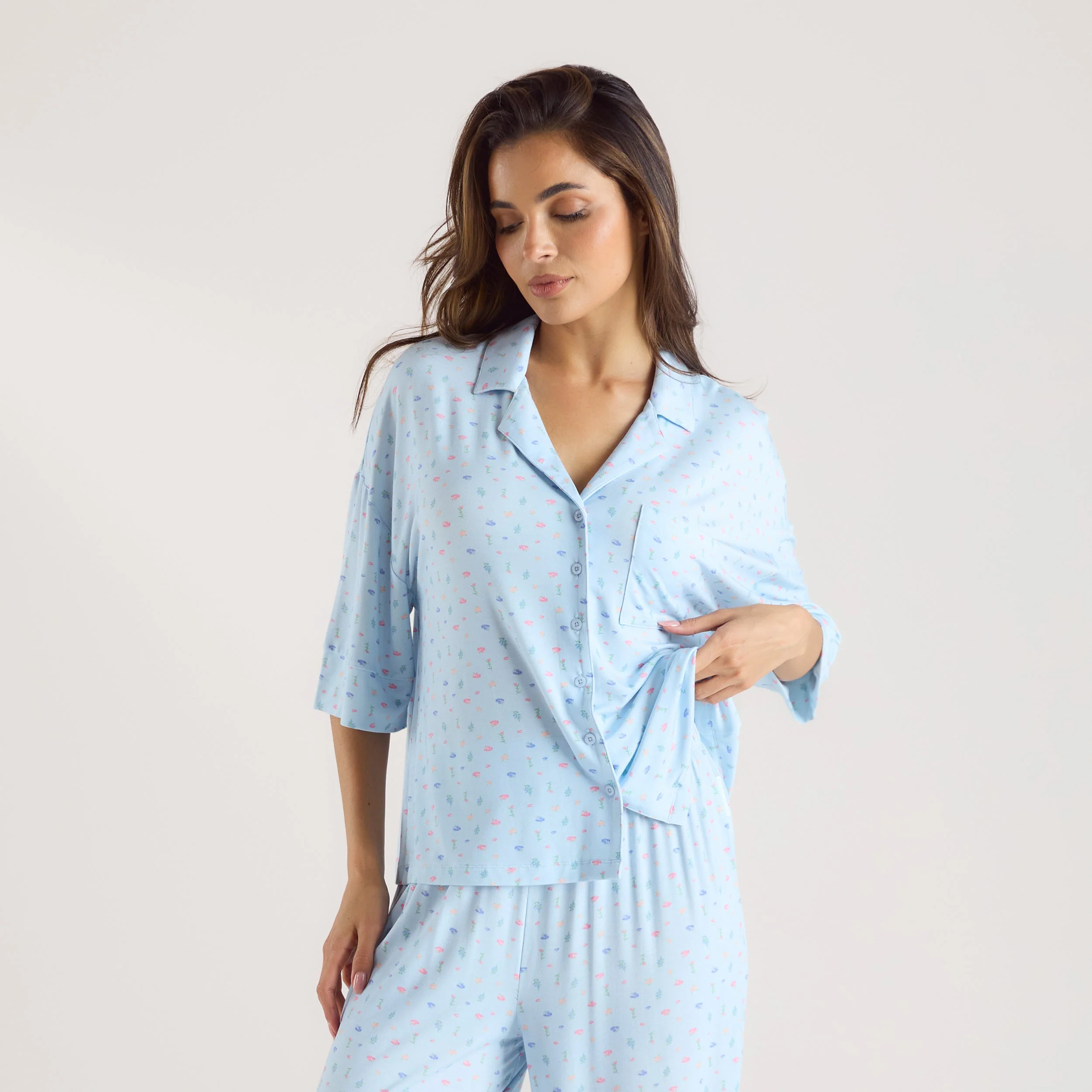 Modal Short Sleeve Pyjama Shirt - Blue Floral