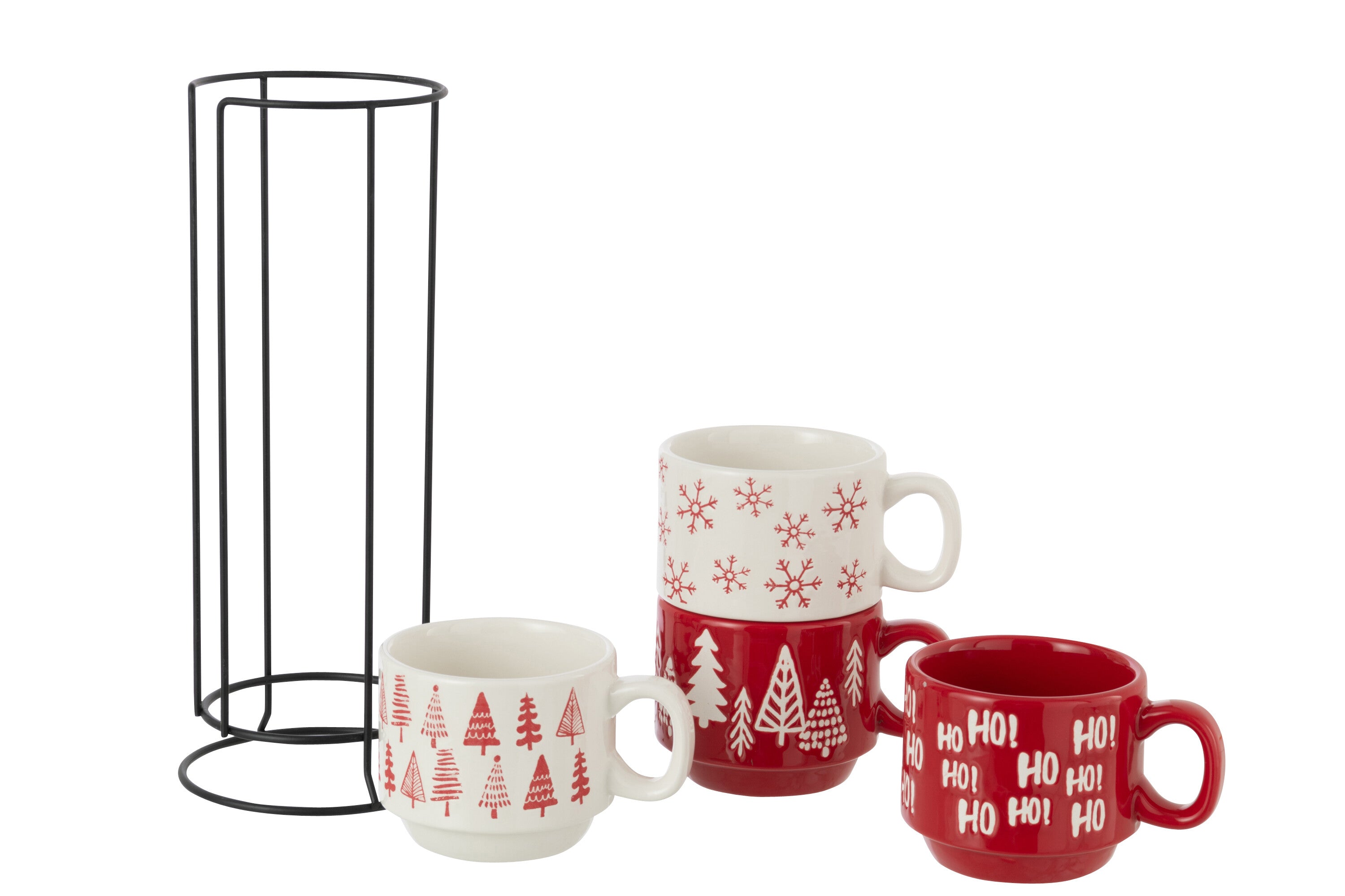 J-Line kopje Kerstmis Dolomiet - keramiek - rood/wit - doos van 4