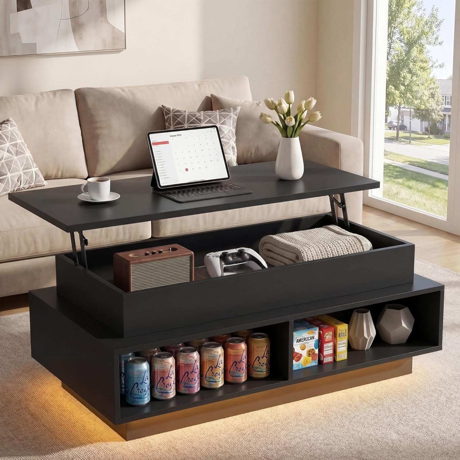 YESHOMY 40 Lift Top Coffee Table with Hidden Storage & Multi-Color LED Lights, Modern Square Wood Table with 4 Open Shelves for Living Room and Small Space, Black