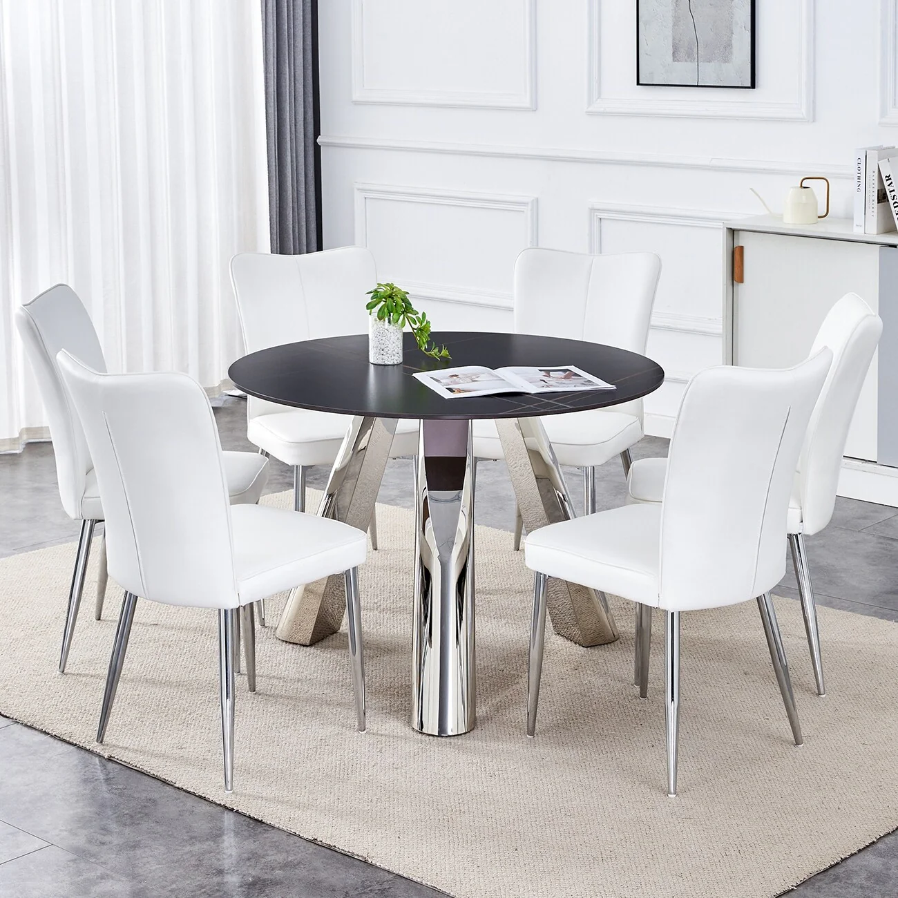 5-Piece Round Dining Table Set with Stain-Resistant Surface, PU Chairs, Military-Grade Steel Legs,Scratch-resistant