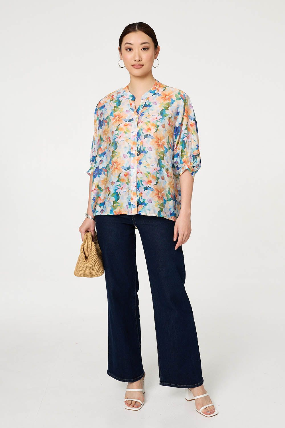 Izabel London Floral 3/4 Sleeve Relaxed Button Blouse