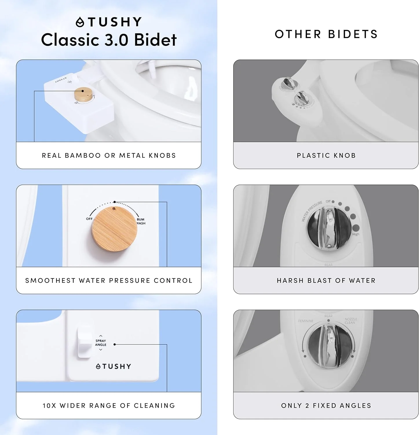 Classic 3.0 Bidet Toilet Seat Attachment - Non-Electric Self Cleaning Water Sprayer with Adjustable Water Pressure Nozzle, Angle Control  Easy 8.5 Min DIY Home Installation (Bamboo)(Classic 3.0/White/Bamboo 2-Pack)