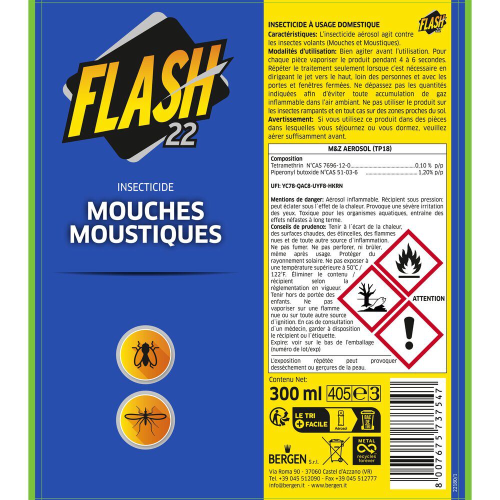 Aérosol anti volants Flash22 mouches et moustiques 300ml