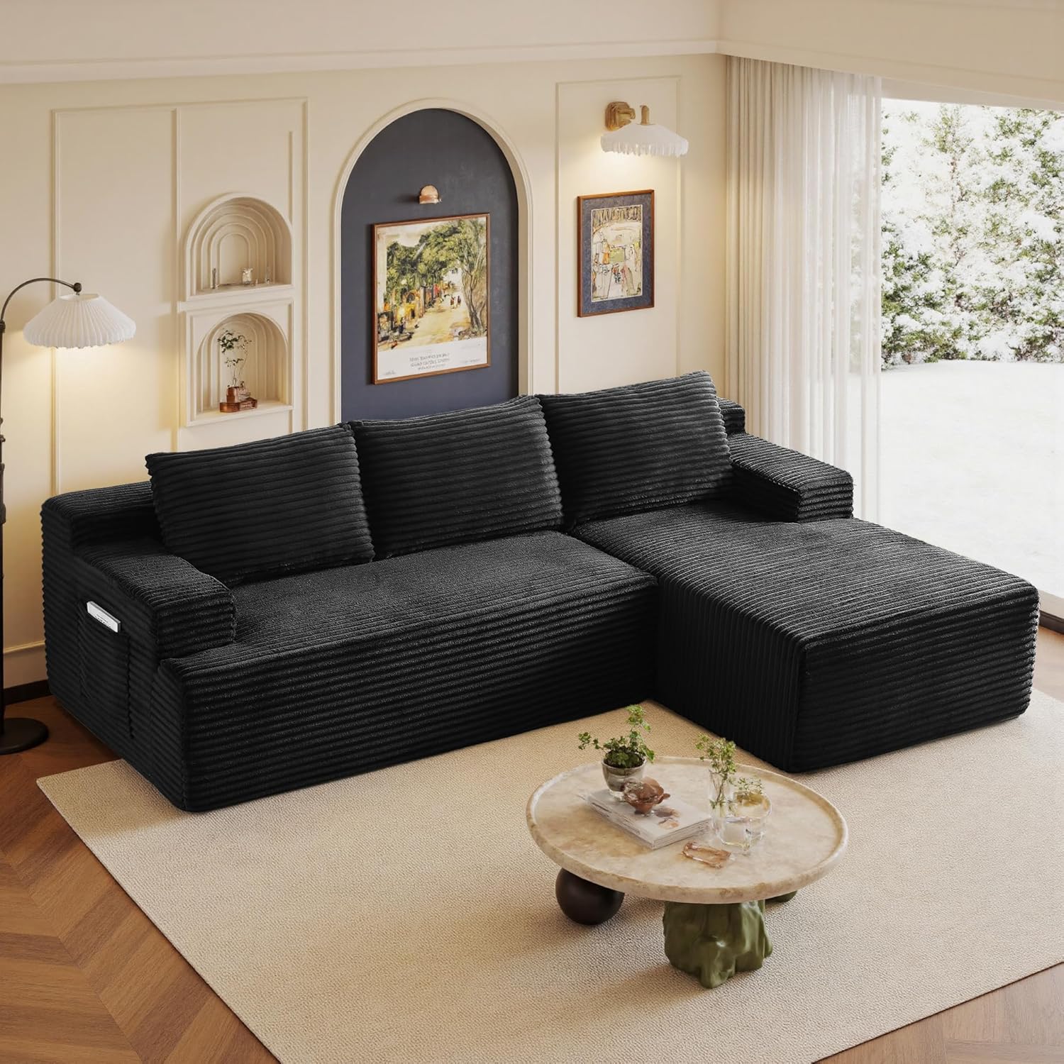 96 Sectional Couches for Living Room Cloud Couch Sofa with L-Shape Upholstered Boneless Couchs Modern Modular Sectional Couch with Chaise (Black, 96 W+Right Facing Chaise+2Seaters)