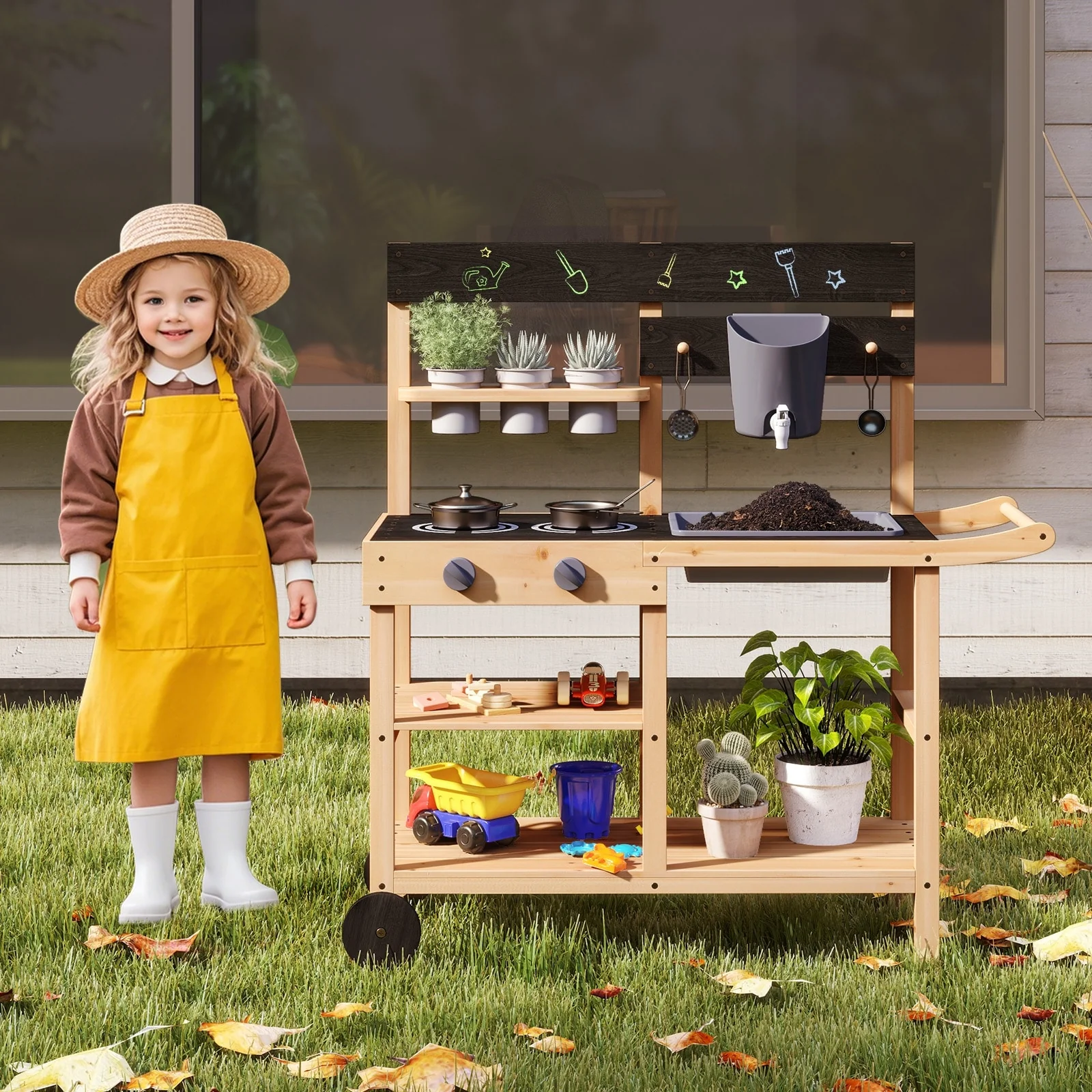 Outdoor Fir Wood Play Kitchen with Blackboard and Planting Pots-Natural - Multi
