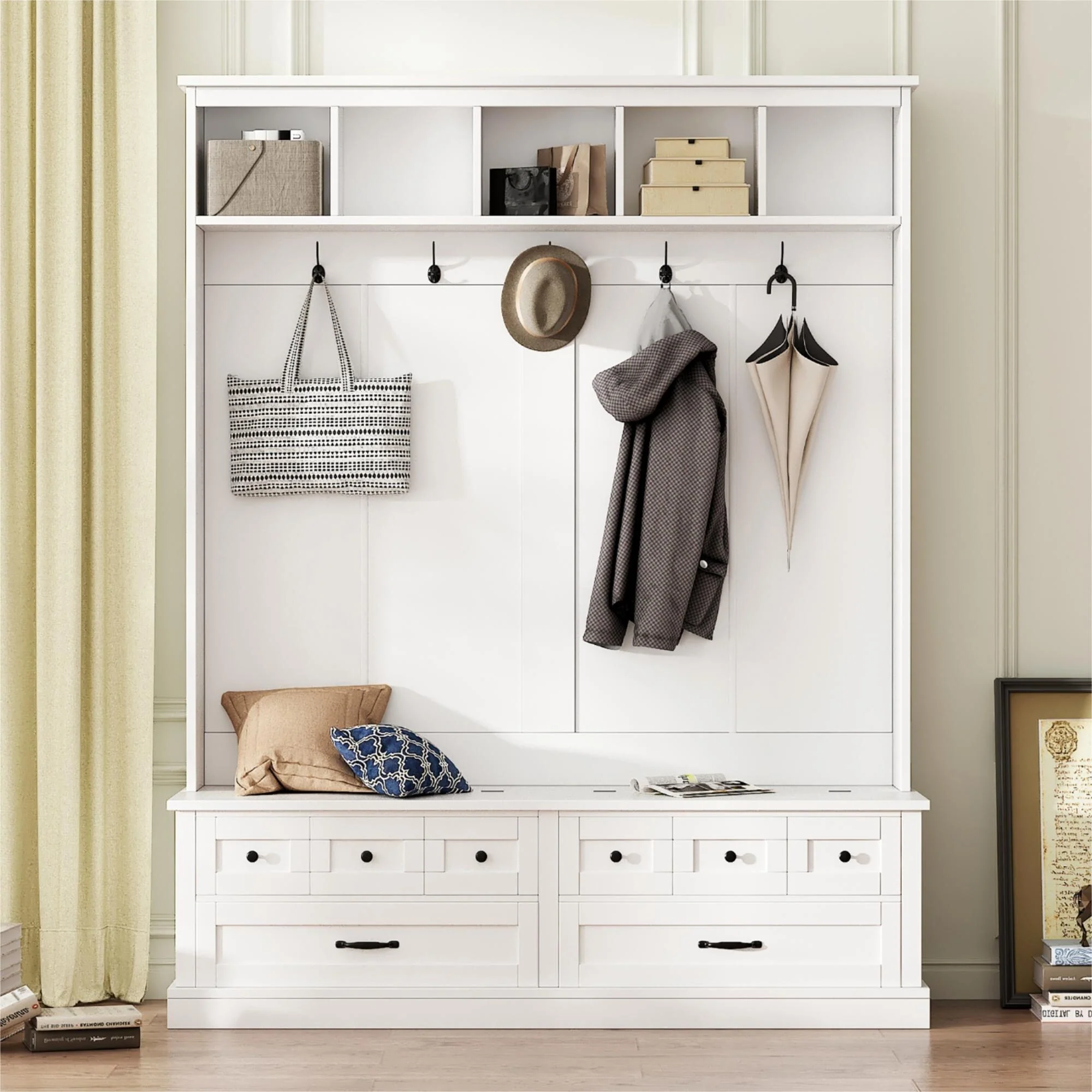 Elegant Wide Hall Tree with 5 Hooks, Versatile Entryway Lift Top Storage Bench with 2 Drawers