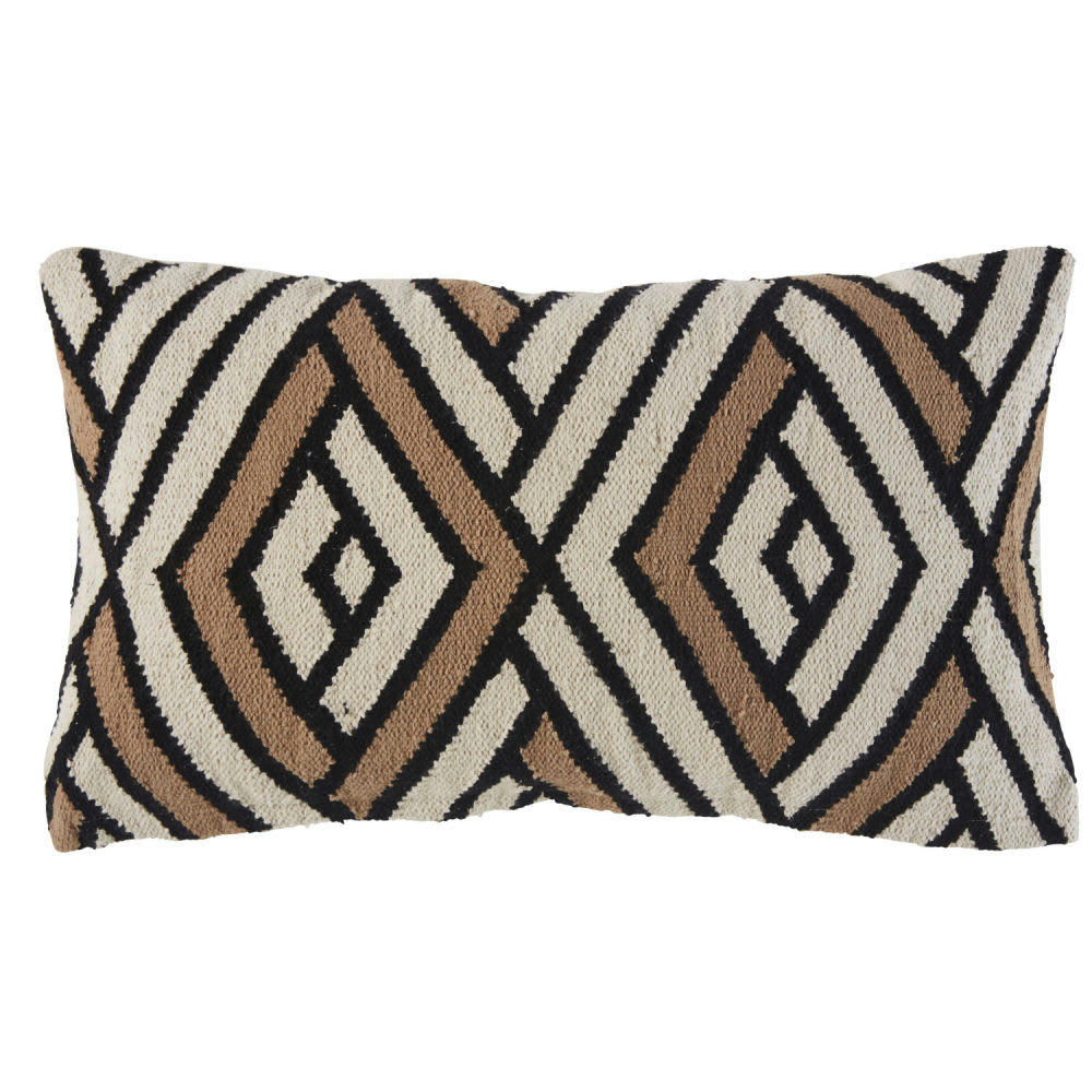 OKO - Coussin en coton écru motifs graphiques noirs et marron 30x60