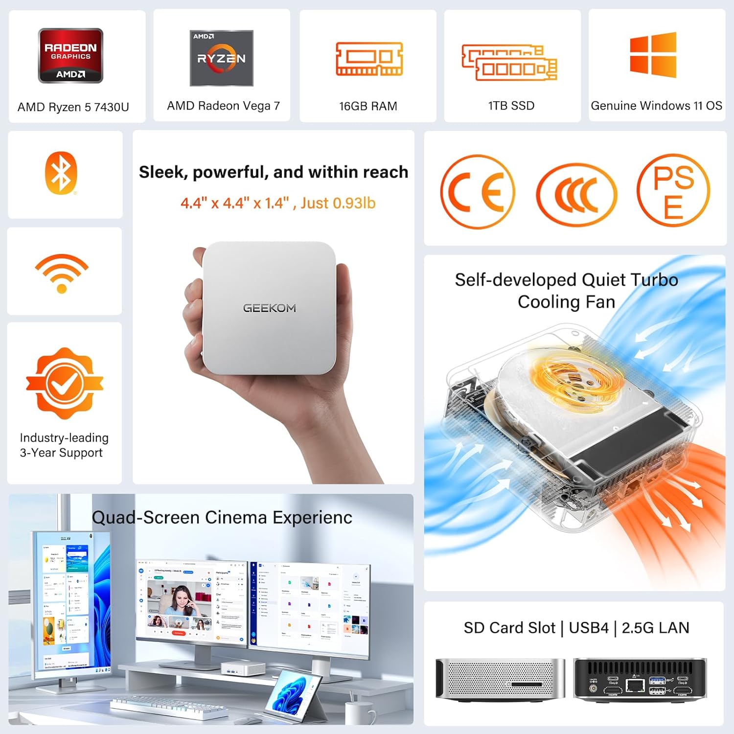 GEEKOM A5 Pro Mini PC (2026) with AMD Ryzen 5 7430U  16GB DDR4 RAM(Upgradable to 96GB  Not LPDDR)  1TB NVMe SSD  Windows 11 Pro Desktop Computer Support 4 Displays/8K/Wi-Fi 6/6xUSB  3-Year Coverage