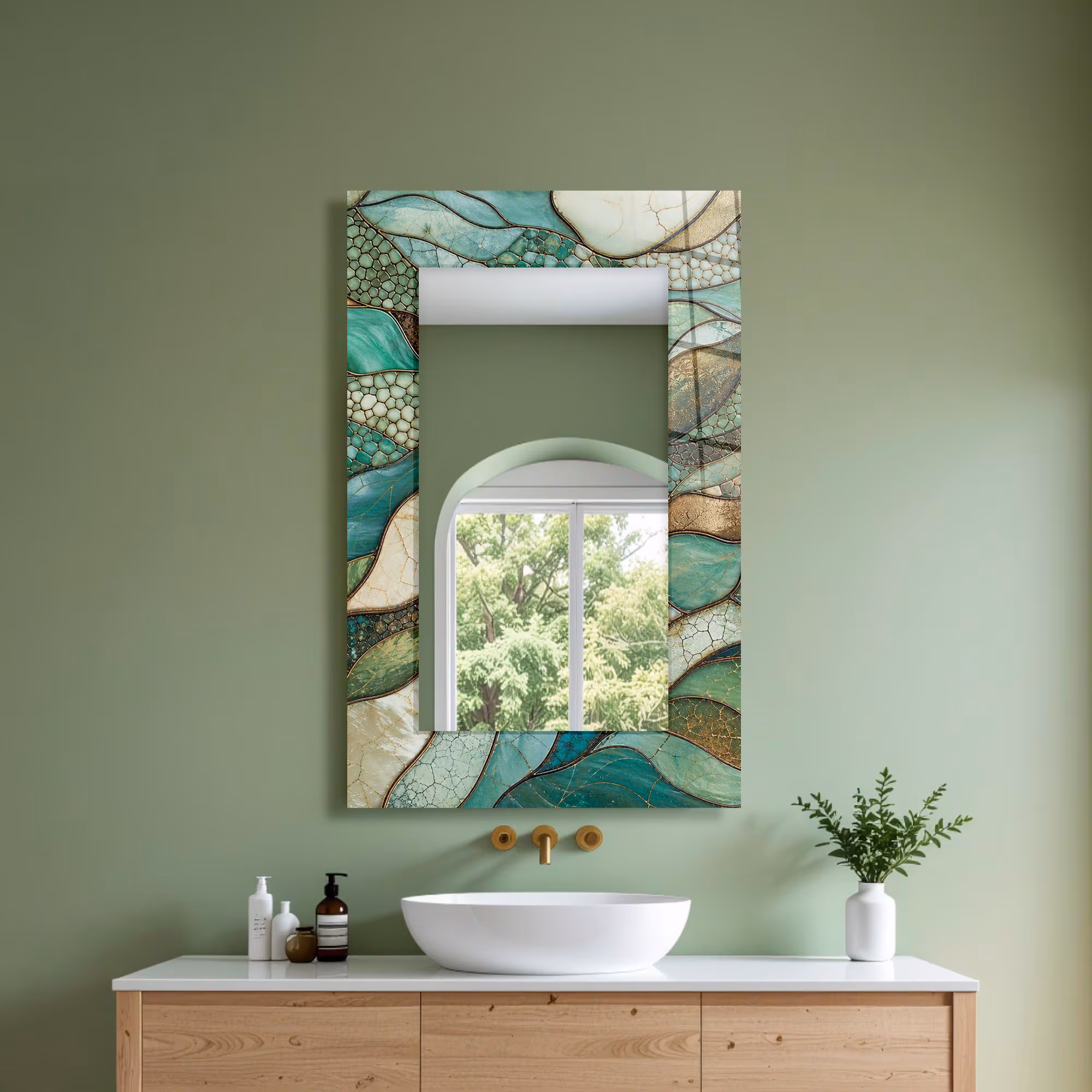 Bathroom Entryway Wall Mirror – Sage Green Abstract Tempered Glass Vanity Decor