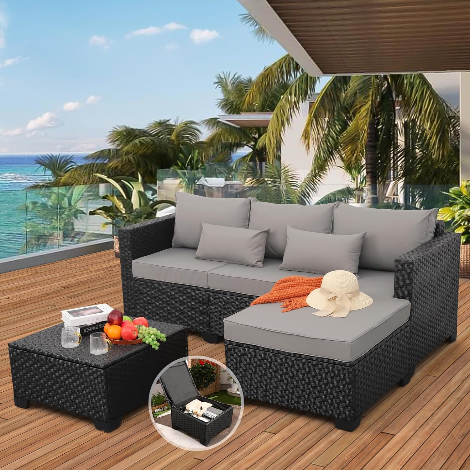 3 Pieces Patio Furniture Set Outdoor Sectional Wicker Patio Furniture Patio Couch with Ottoman and Outdoor Storage Table All-Weather Anti-Slip Cushions Waterproof Covers  Light Grey
