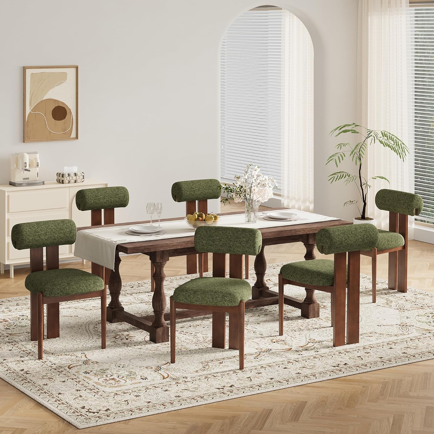 MALOL Modern Wooden Dining Chairs Set of 6, Upholstered Fabric Kitchen Chairs with Sculptural Backrest, Mid-Century Farmhouse Dining Room Chairs with Solid Wood Legs, Green