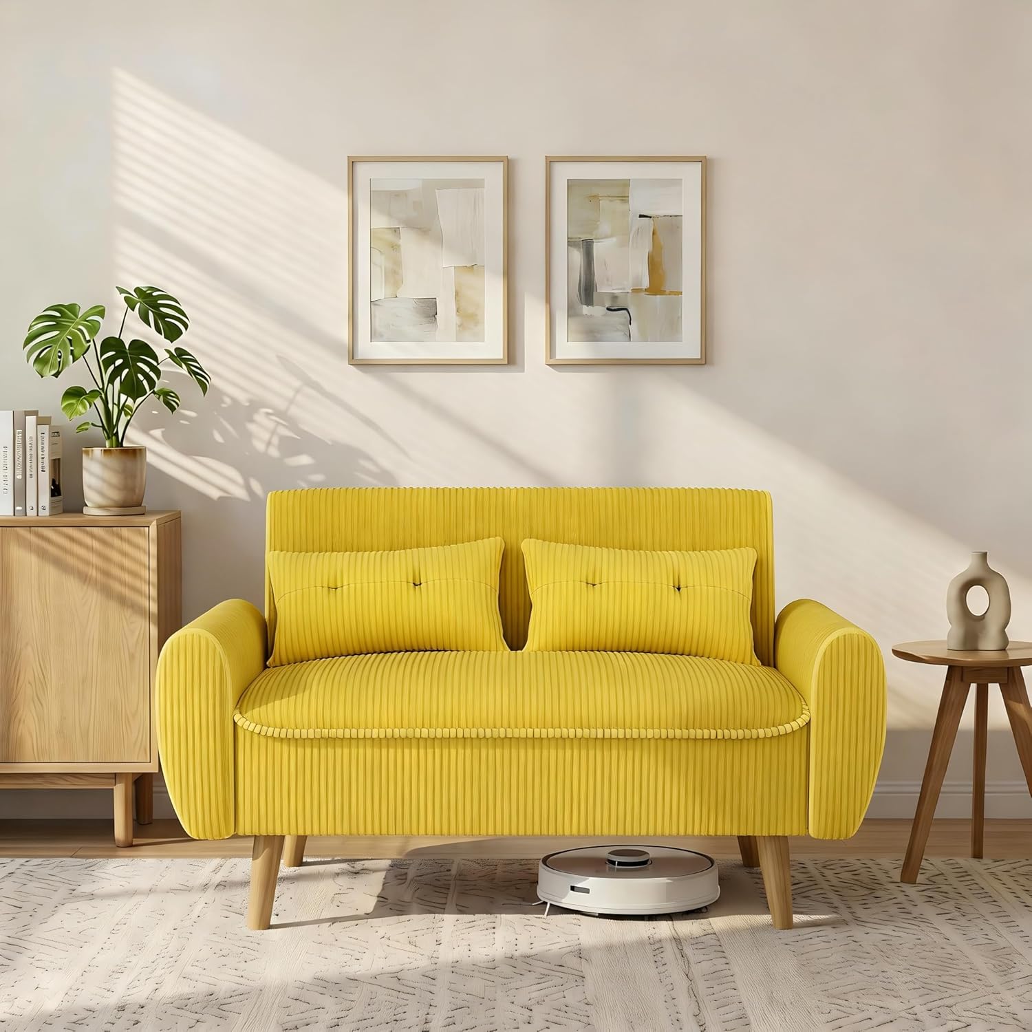 Shintenchi 47 Small Modern Loveseat Couch Sofa, Fabric Upholstered 2-Seat Sofa, Love Seat Furniture with 2 Pillows, Wood Leg for Small Space, Living Room, Bedroom, Apartment, Yellow