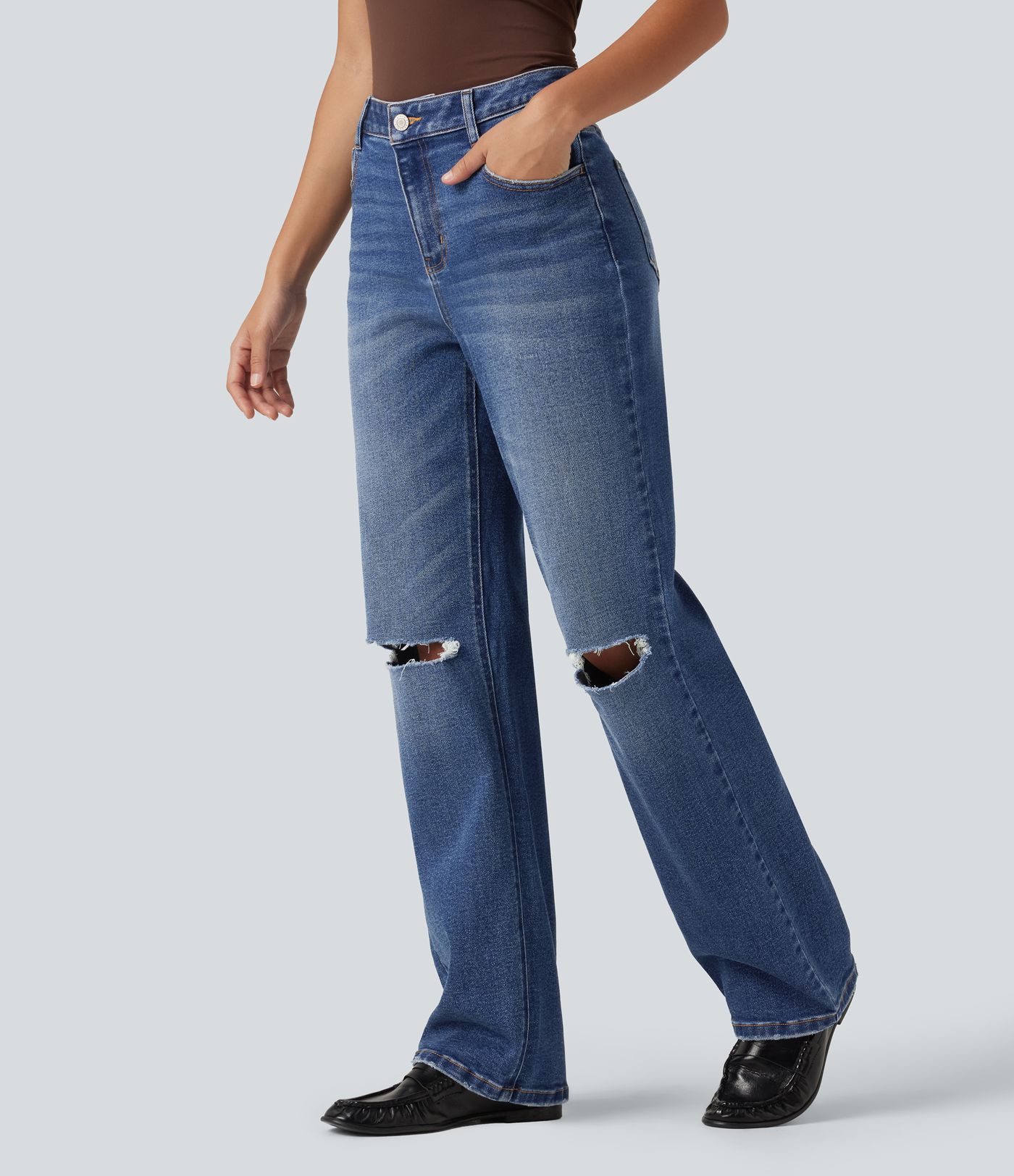 Jean droit taille haute déchiré coupe relax avec poches