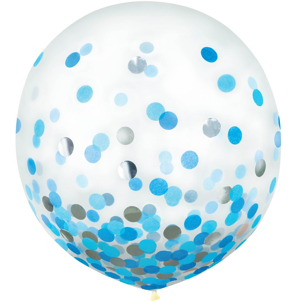 Round Transparent Confetti Latex Balloons, Metallic Blue/Silver, 24-in, 2-pk, for Birthday Party