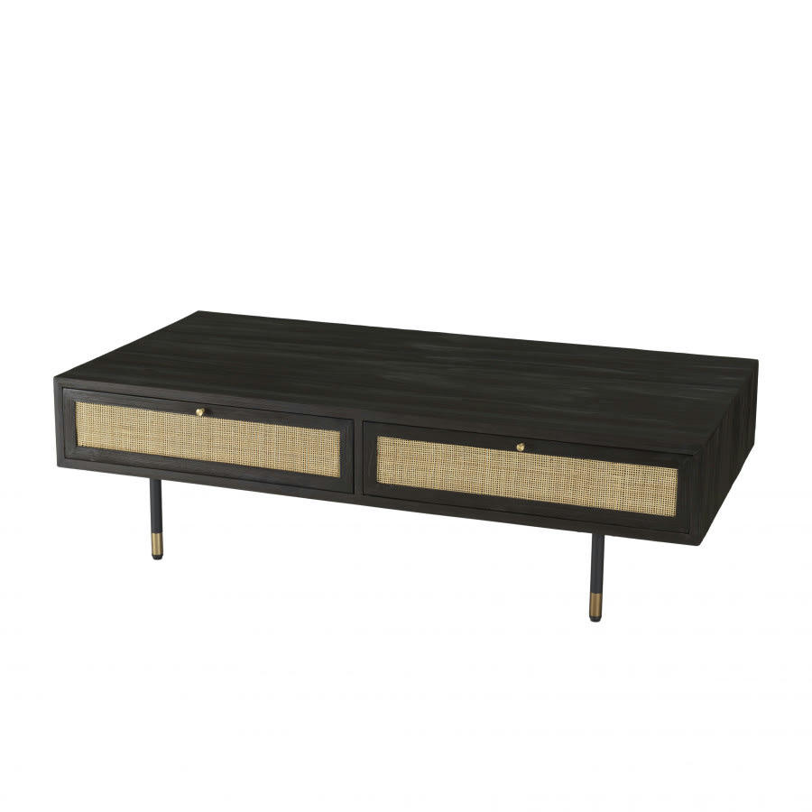 YANIS - Table basse en pin noire 4 tiroirs cannage L140