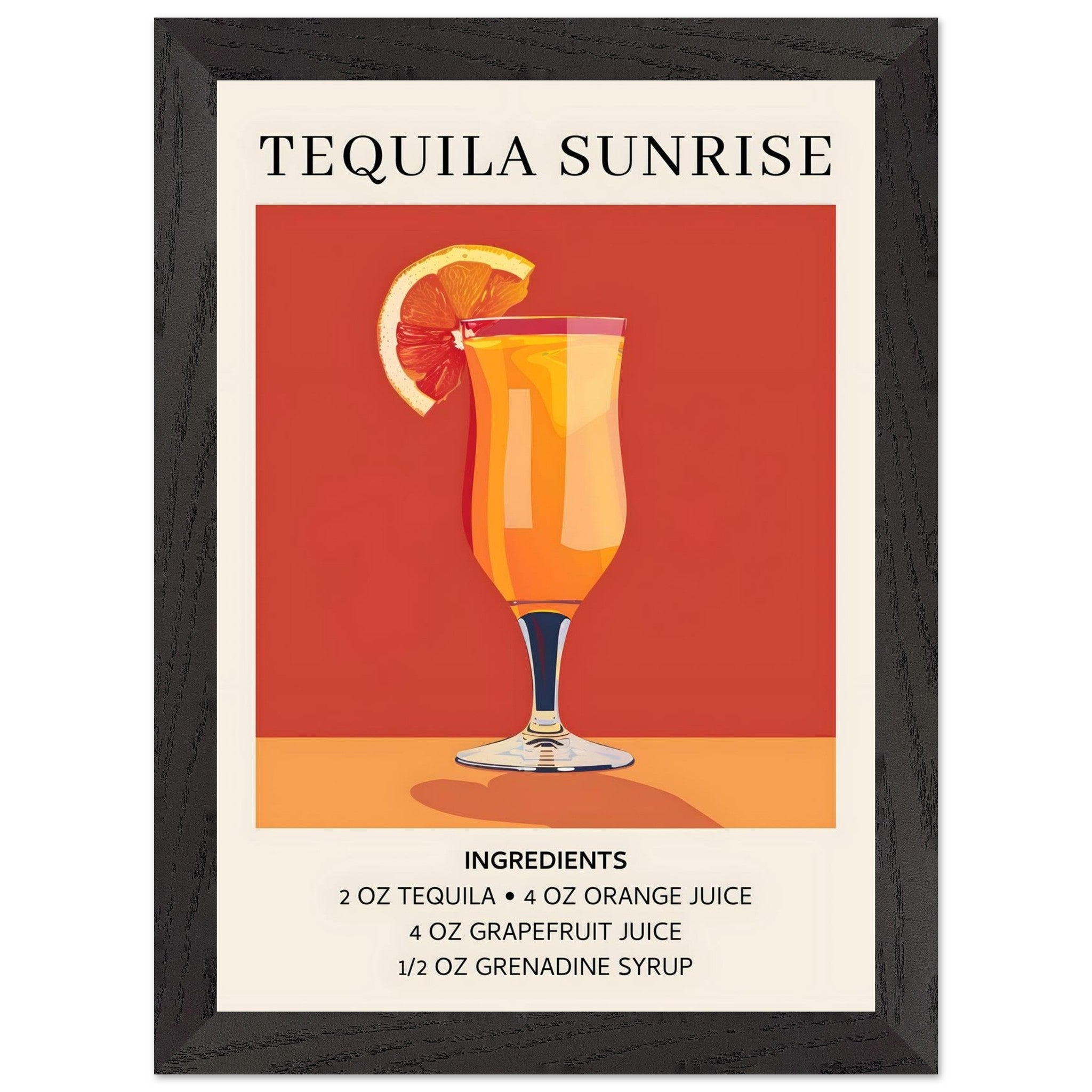 Artfulprints Poster met Lijst Tequila Sunrise cocktail - Ingrediënten  - A4 21x29.7 cm - Oranje