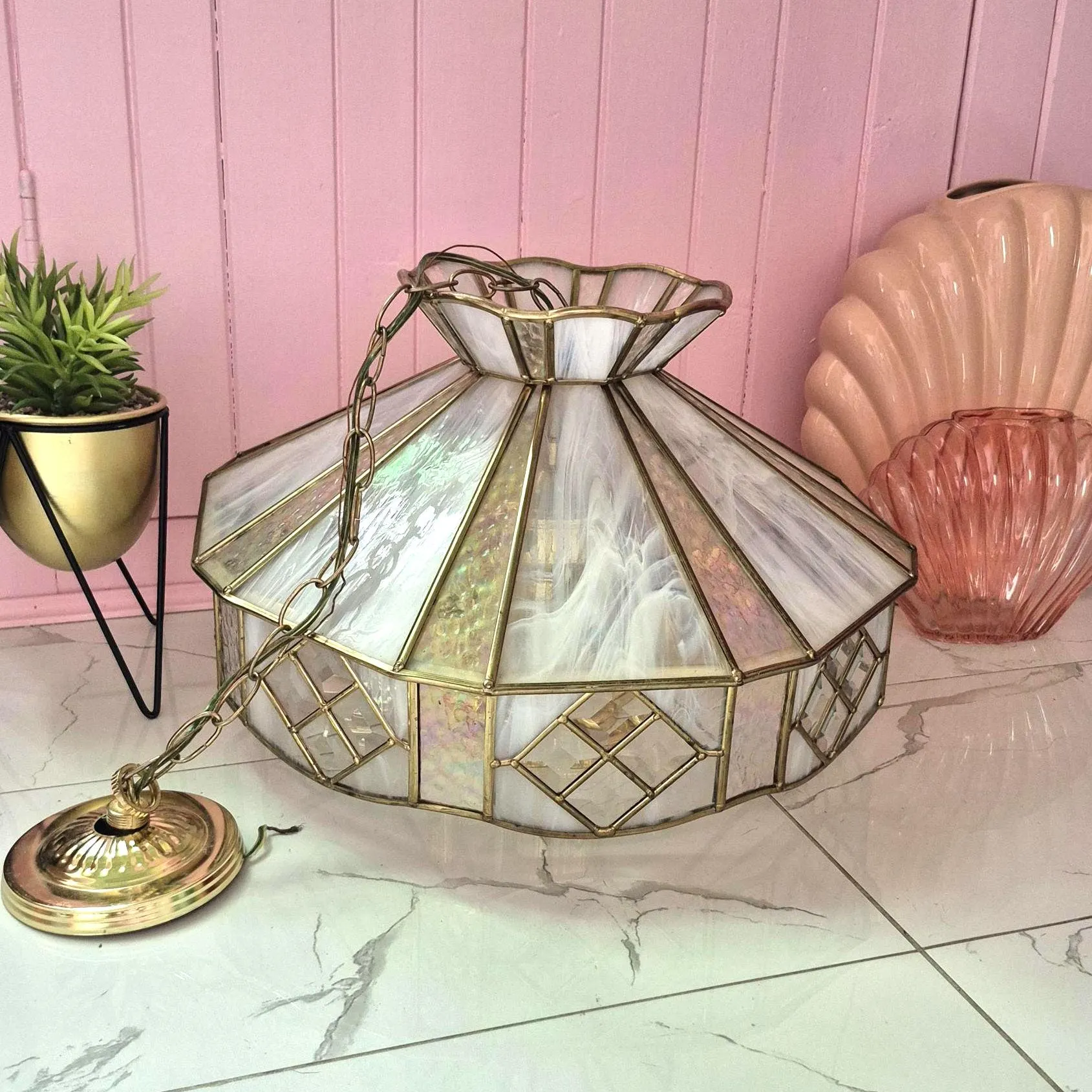 Vintage Elegant Iridescent Stained Glass Ceiling Pendant Bevelled Glass Diamond Shapes Very Impressive l 5 Branches l Tiffany Style
