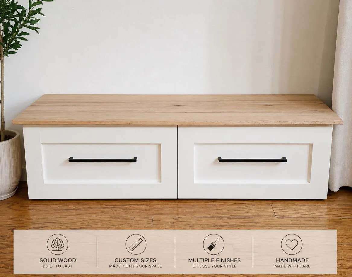 Custom Solid Wood Storage Bench, Farmhouse Entryway Mudroom Furniture, Two-Drawer Design