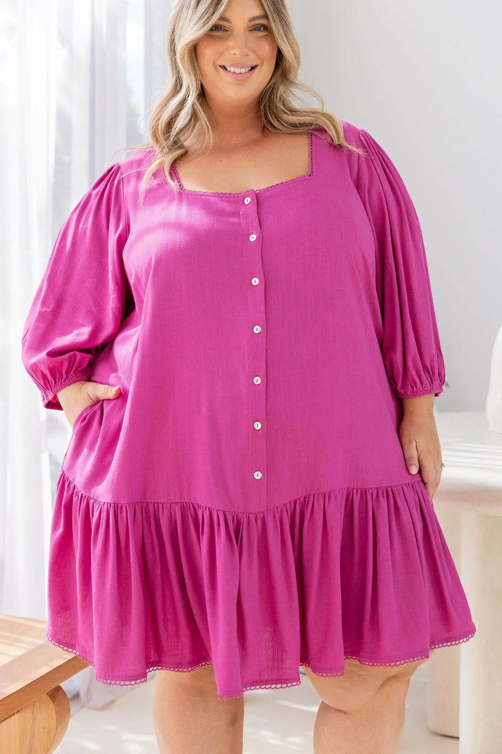 Kira Linen Blend Dress in Fuchsia