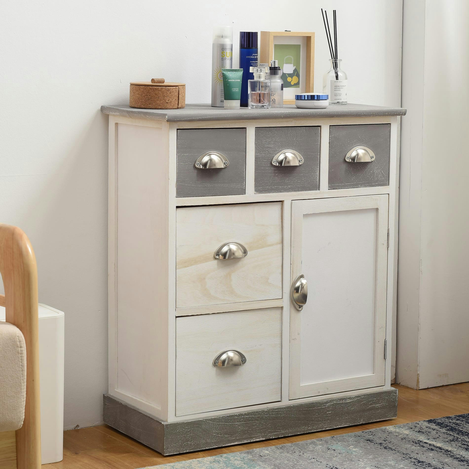 - Commode de rangement avec 5 tiroirs 1 porte bois blanc et gris