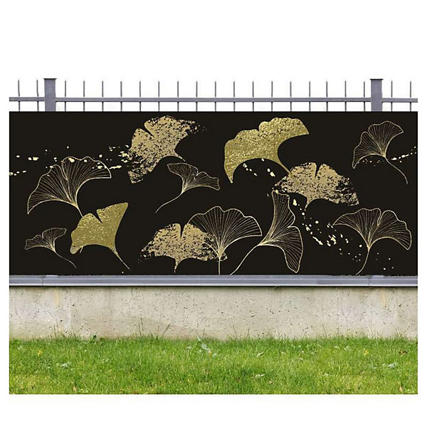 Brise vue design sur fond noir GINKGO, H.1.2 x L.3 m, 100% occultant, Made in France par Scenolia   kit de fixation offert