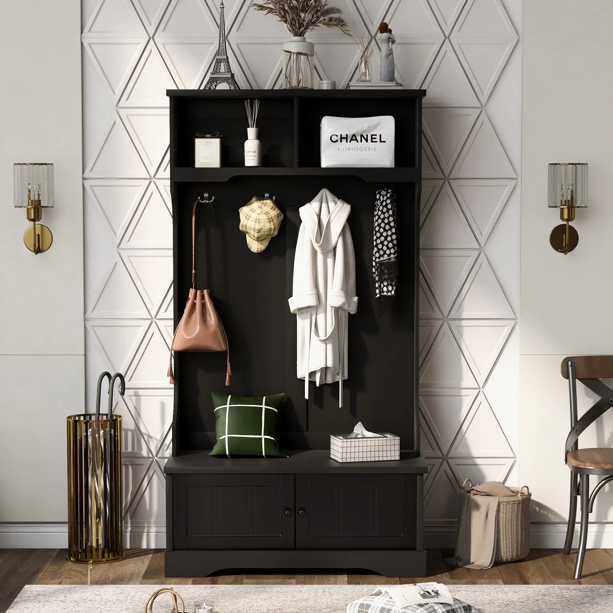 Hall Tree Entryway Bench with Shelves Cabinet and Four Hooks, 3-in-1 Design