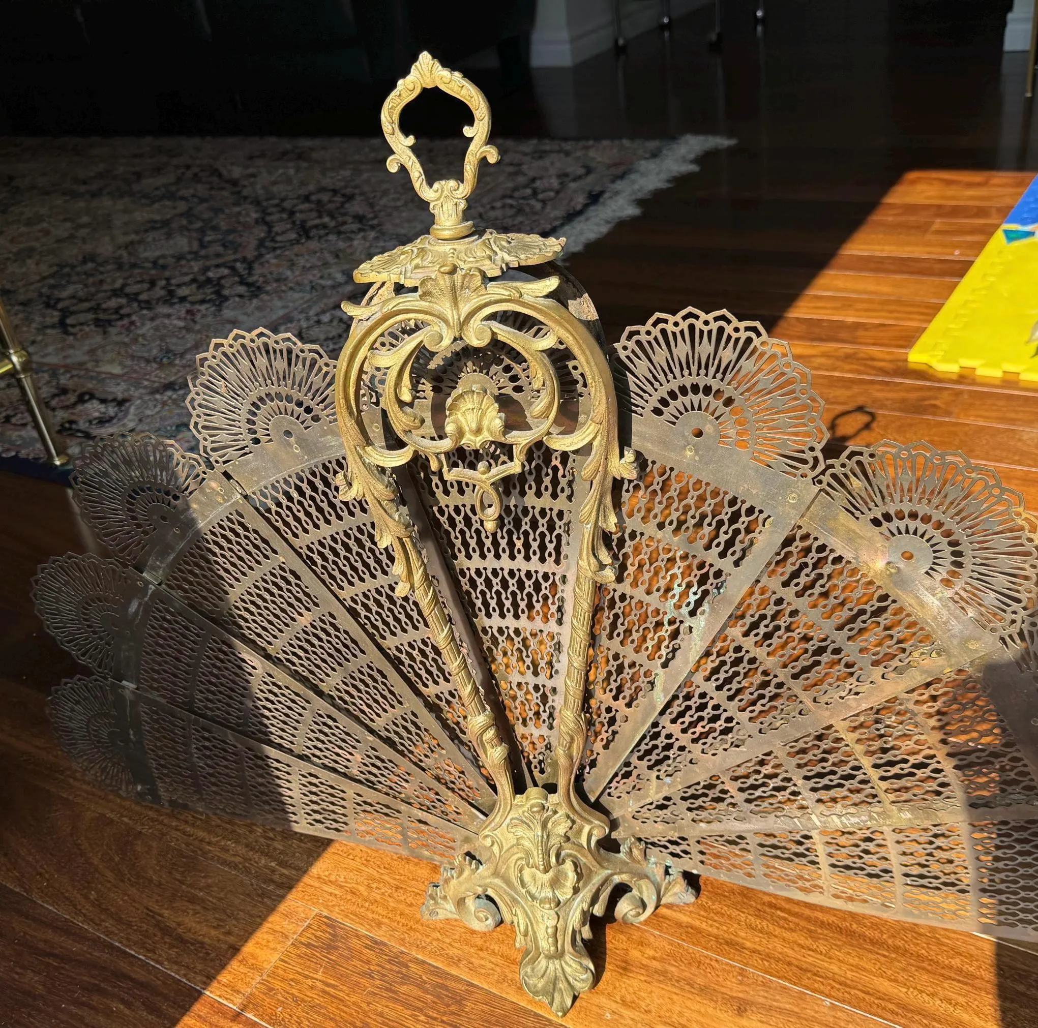 Rare Antique French solid Brass Folding Fan Peacock fireplace screen, Victorian, metal screen