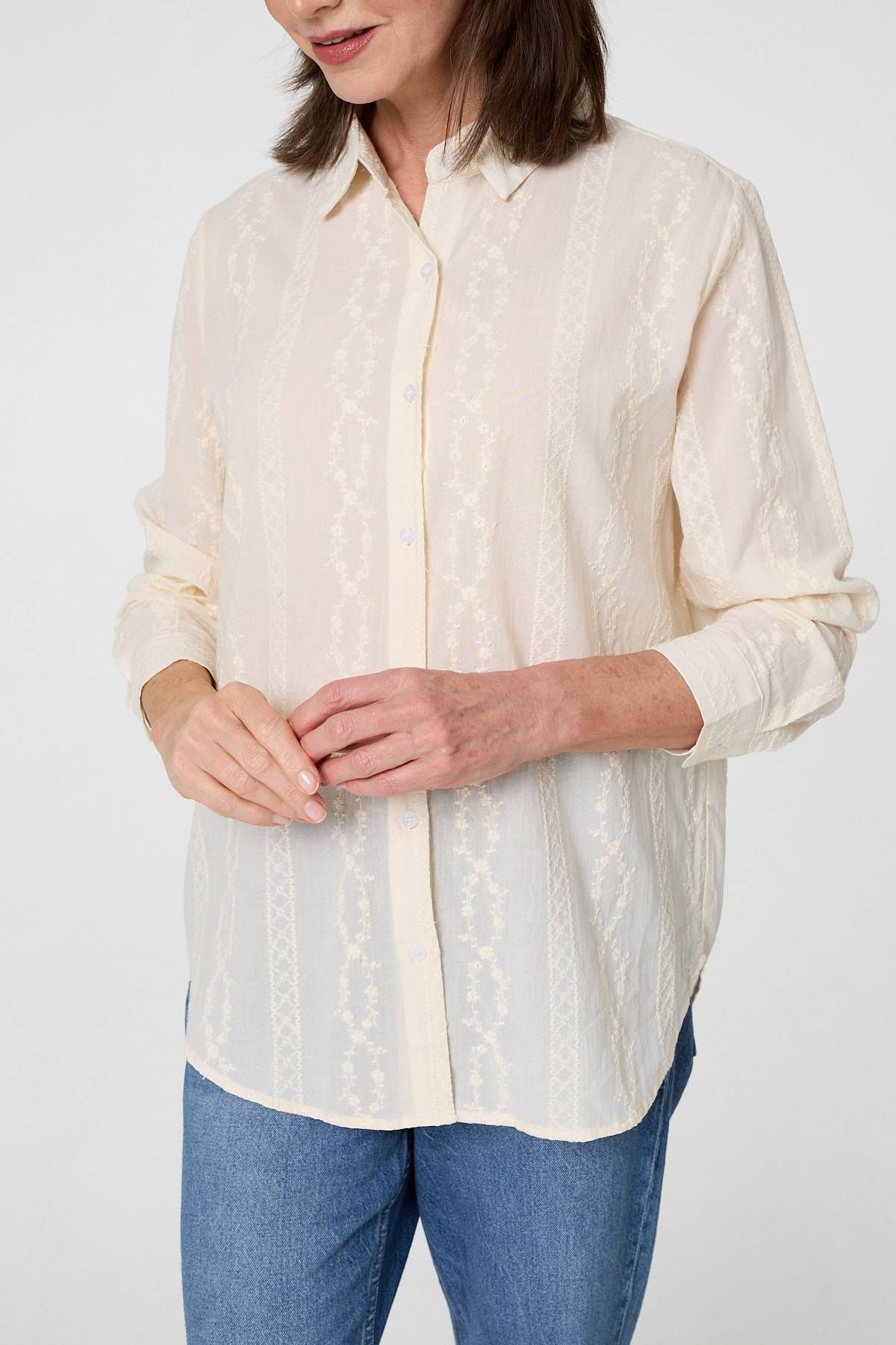 Izabel London Embroidery Textured Long Sleeve Shirt