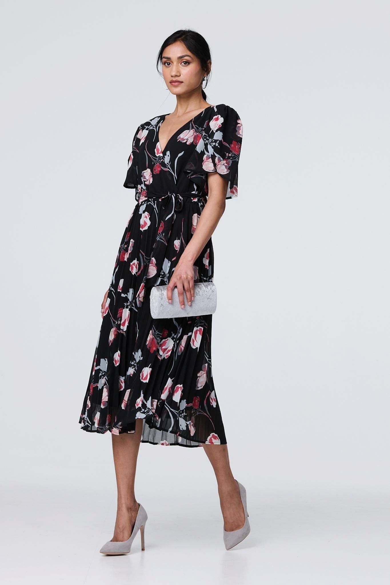 Izabel London Floral Sheer 1/2 Sleeve Midi Wrap Dress