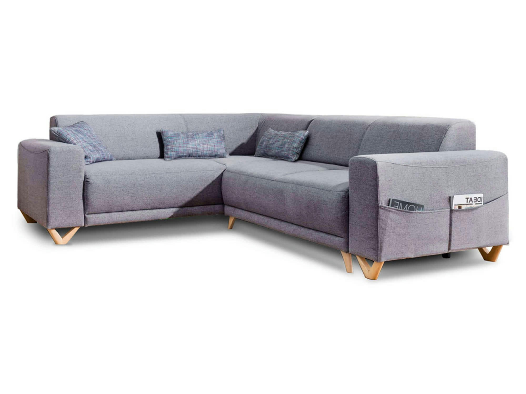 BELLA - Canapé panoramique 6 places angle gauche en tissu gris foncé