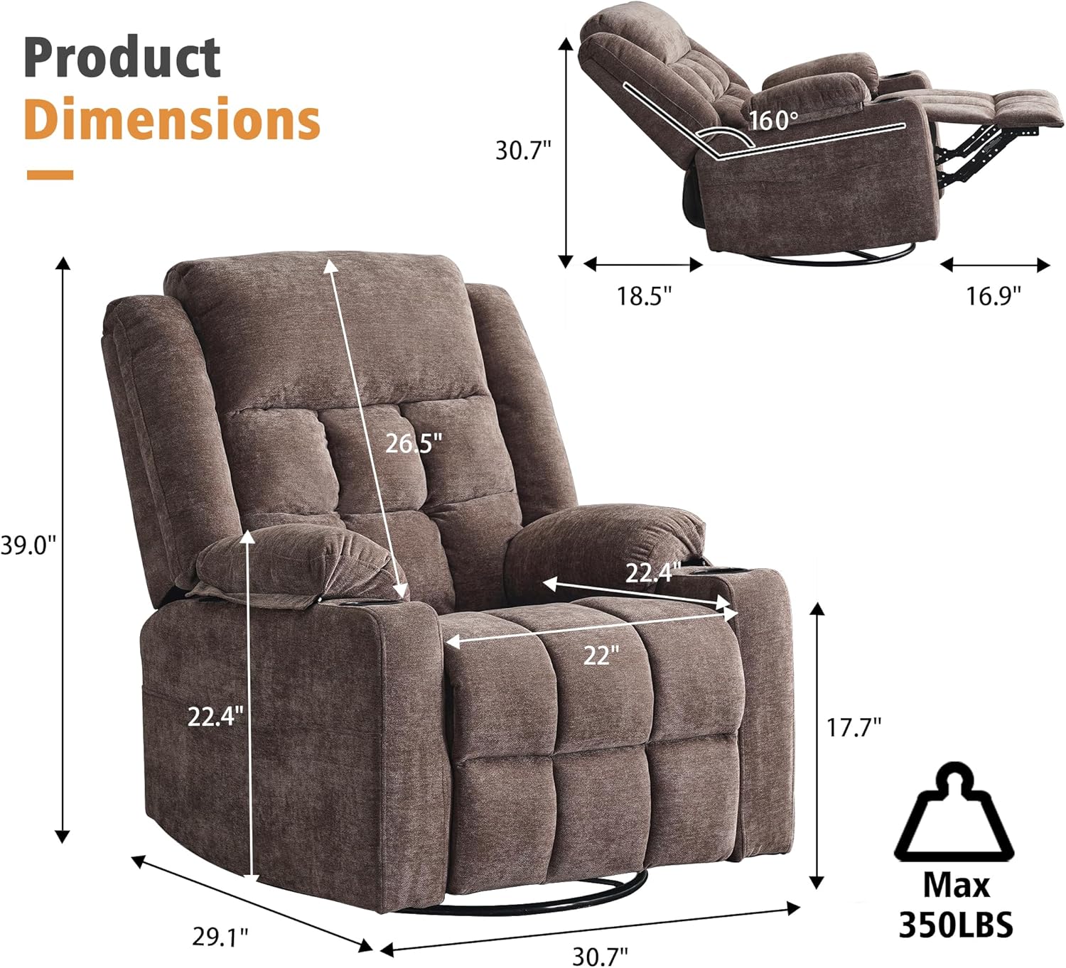 Power Swivel Rocker Recliner Chair for Adults with Massage and Heat, USB and Type-C Ports, Infinite Position, Electric Glider Reclining Single Sofa Chair for Living Room (Coffee New)