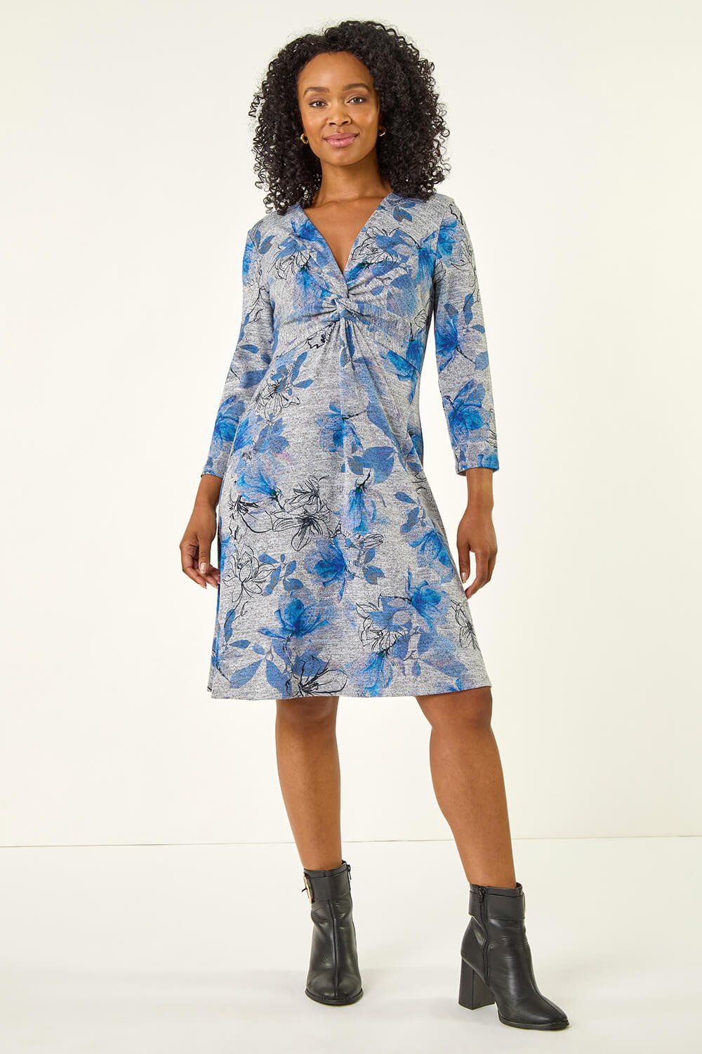 Roman Petite Floral Twist Front Stretch Dress