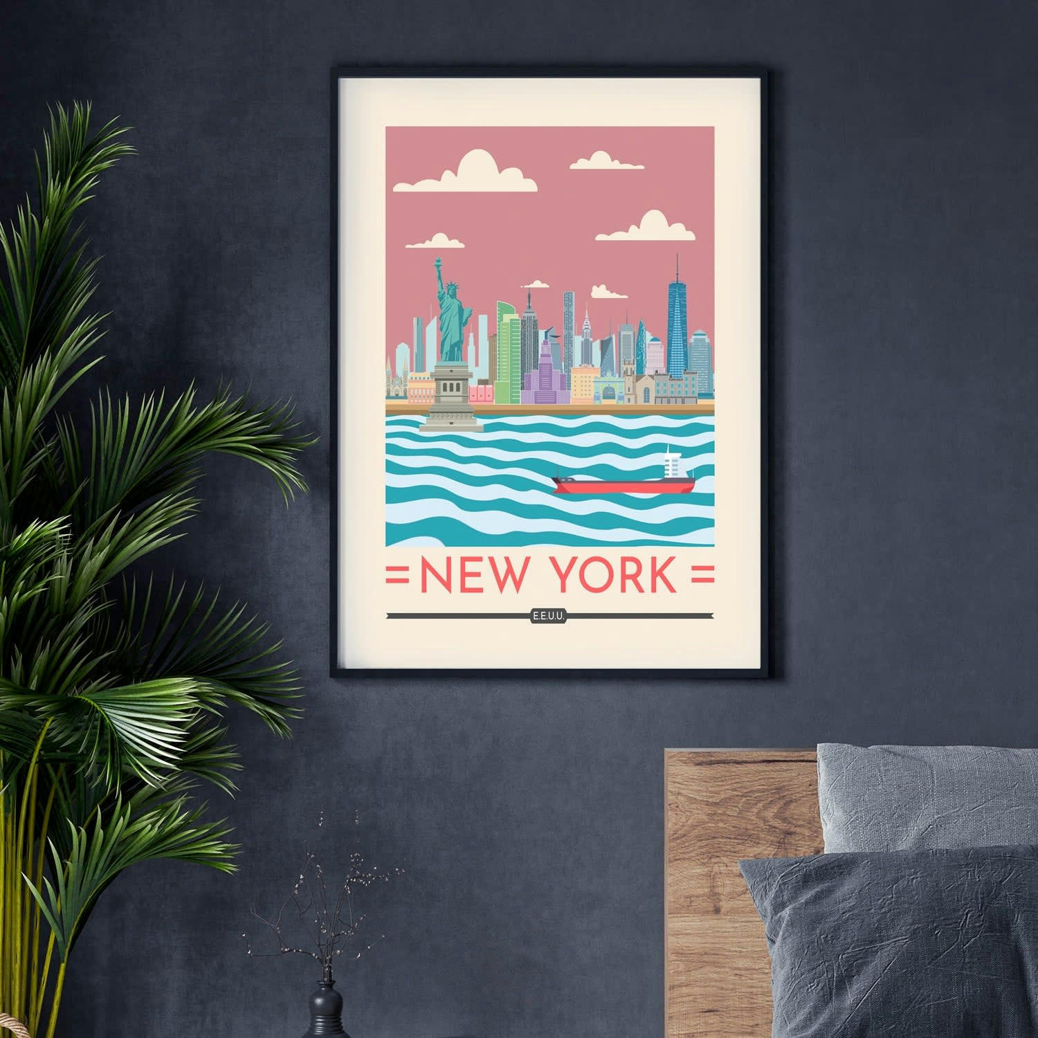 CIUDADES - Affiche avec cadre noir - New York - 30x40