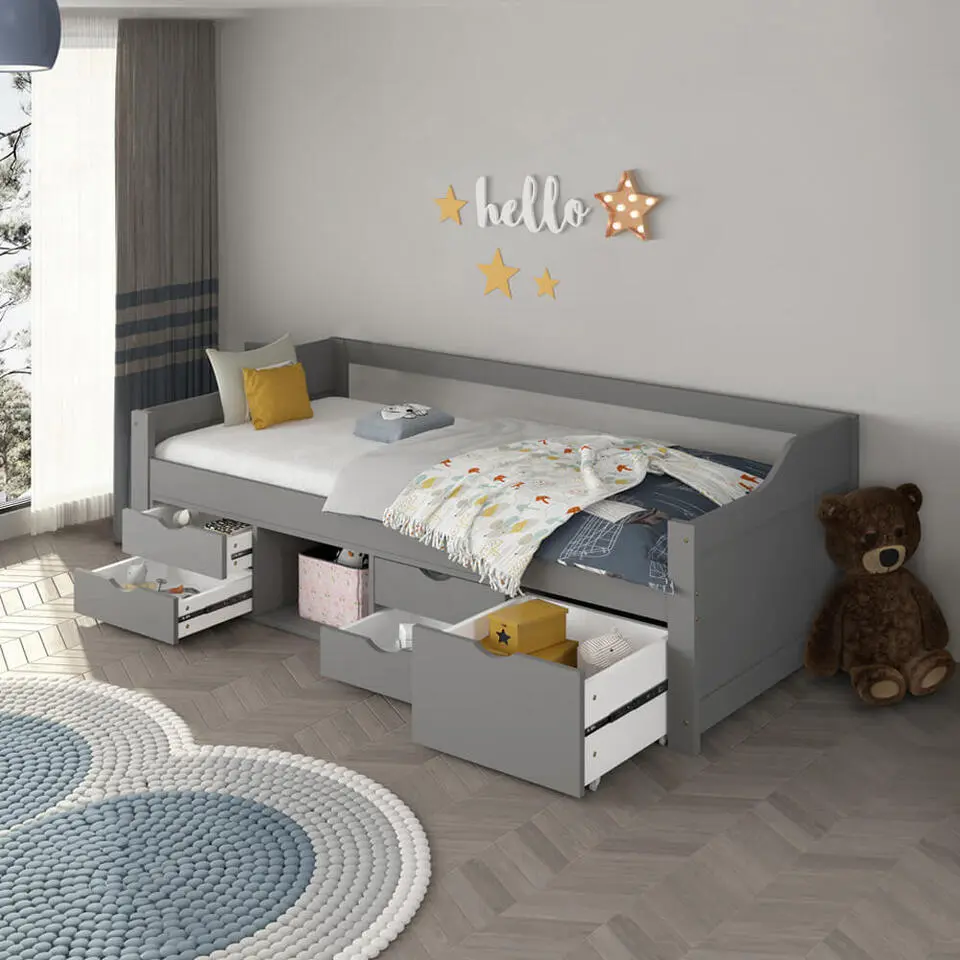 HOME DELUXE COSMOS kinderbed met lades - 90 x 200 cm grijs