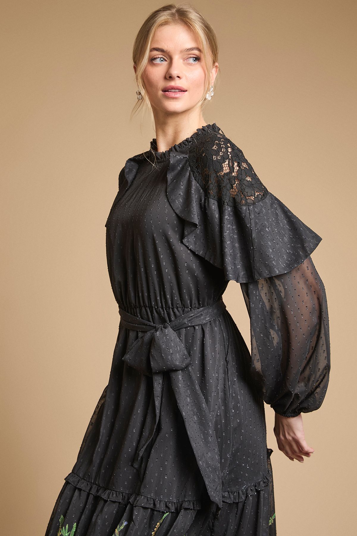 Oasis Printed Chiffon Cape Detail Belted Waist Midi Dress